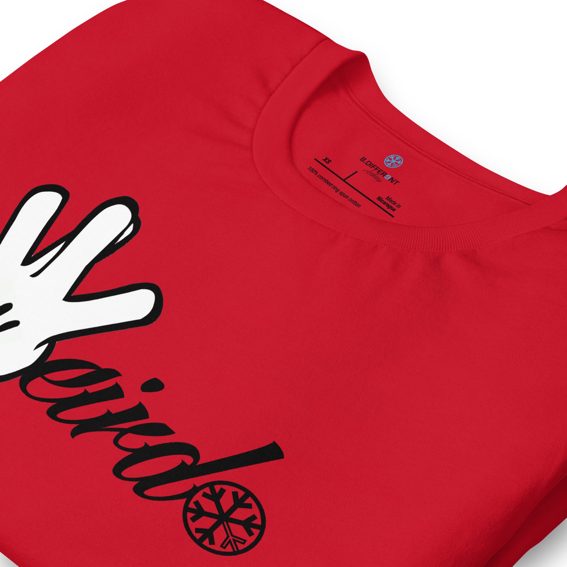 Red-Weirdo Hand Sign Tee from B.Different Clothing, detail, graffiti-inspired streetwear t-shirt
