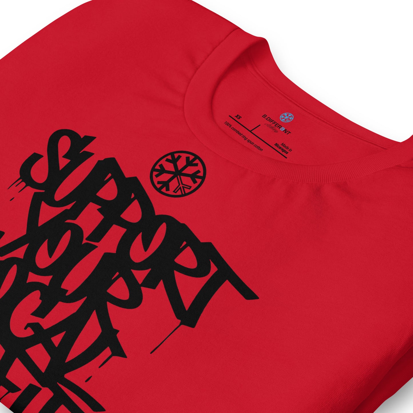 Red-Support Your Local Graffiti Artists Tee from B.Different Clothing, detail, graffiti-inspired streetwear t-shirt