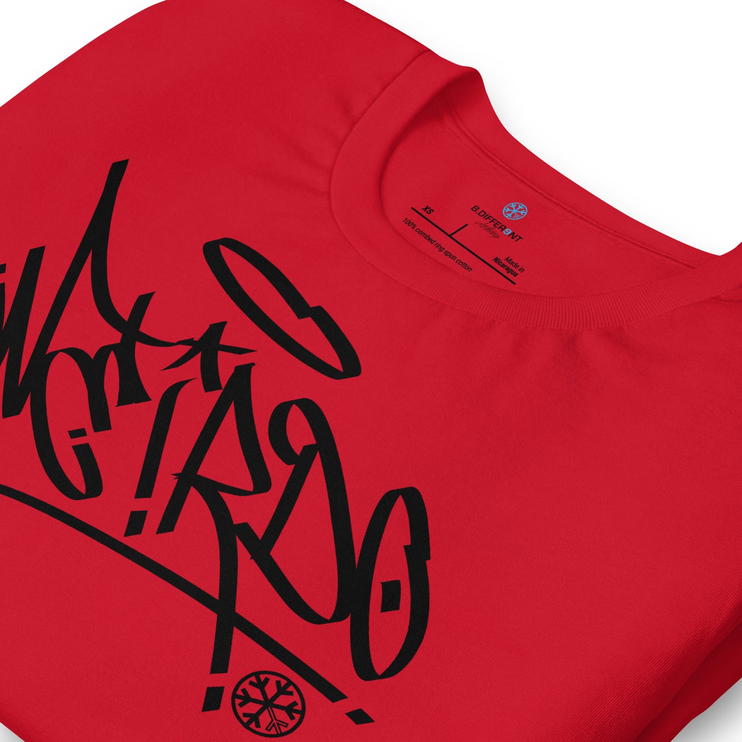 Red-Weirdo Tag Graffiti Tee from B.Different Clothing, detail, graffiti-inspired streetwear t-shirt