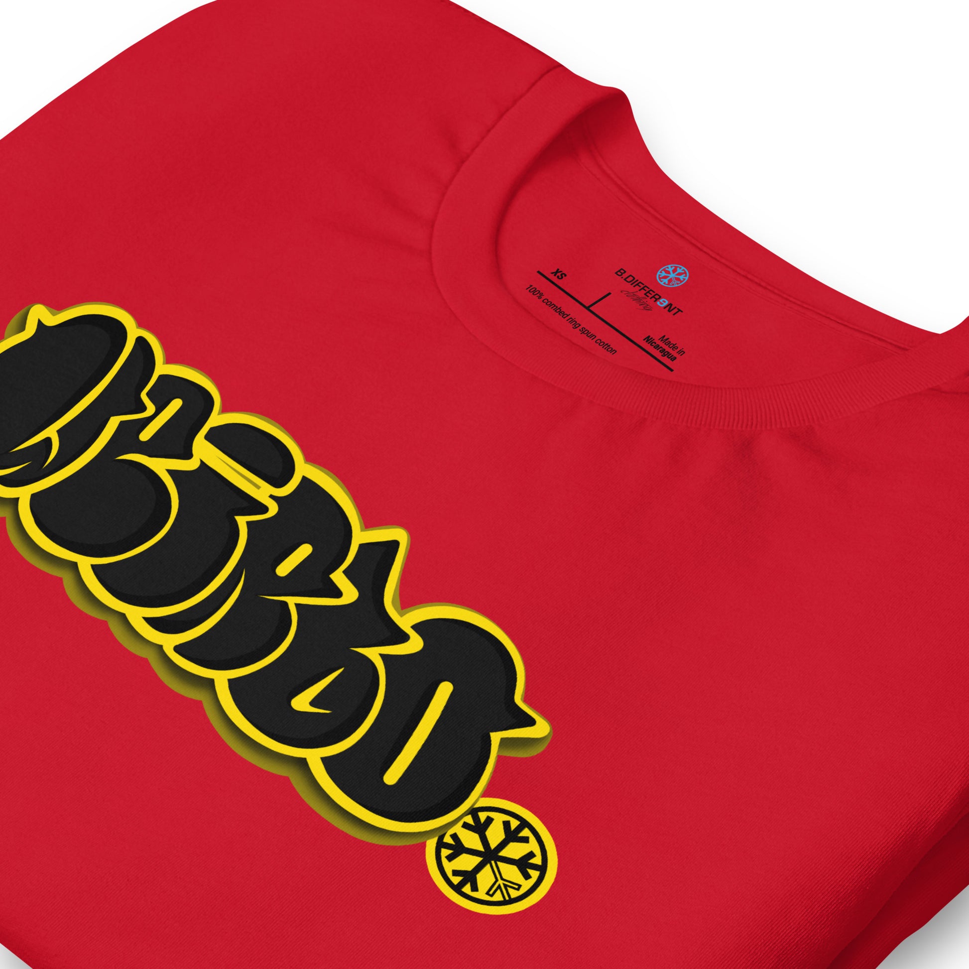Red-Weirdo Graffiti Throwie Tee from B.Different Clothing, detail, graffiti-inspired streetwear t-shirt
