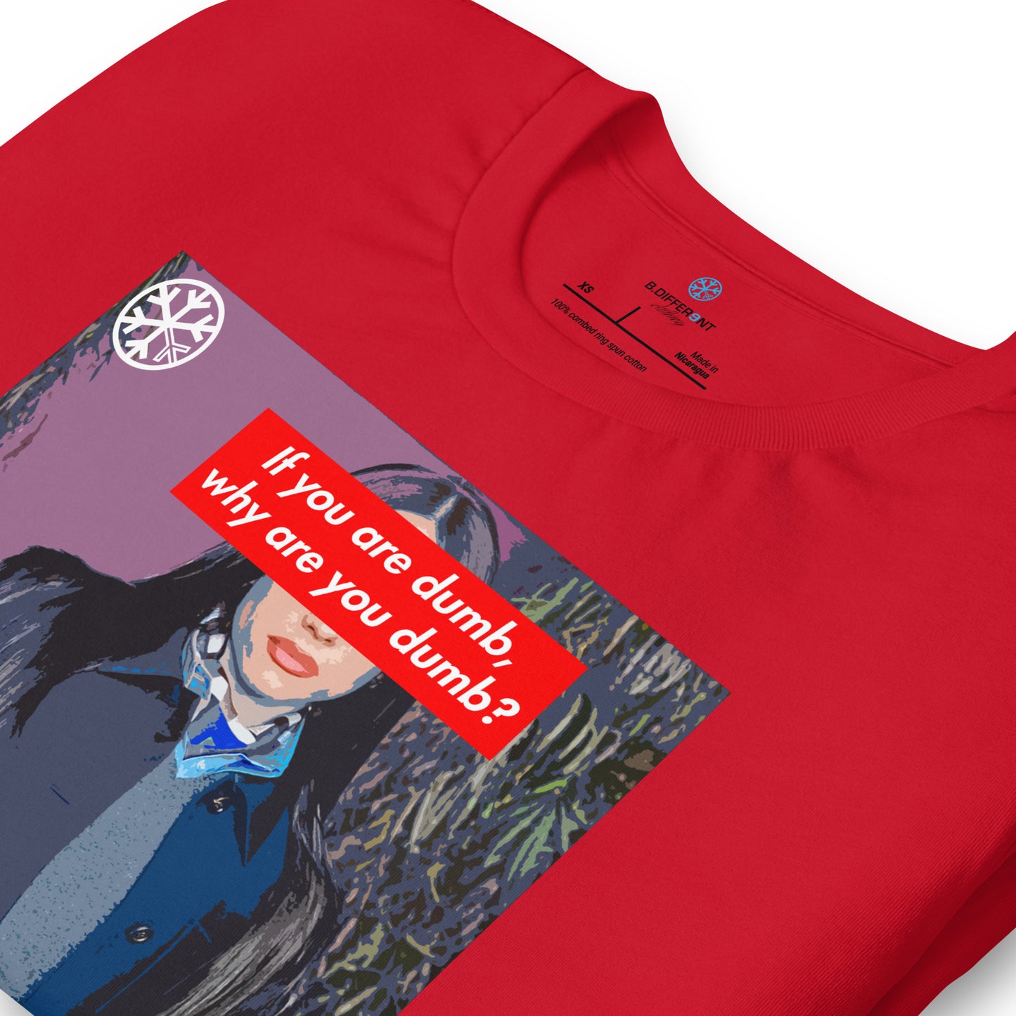 Red-Why Are You Dumb Tee from B.Different Clothing, detail, graffiti-inspired streetwear t-shirt