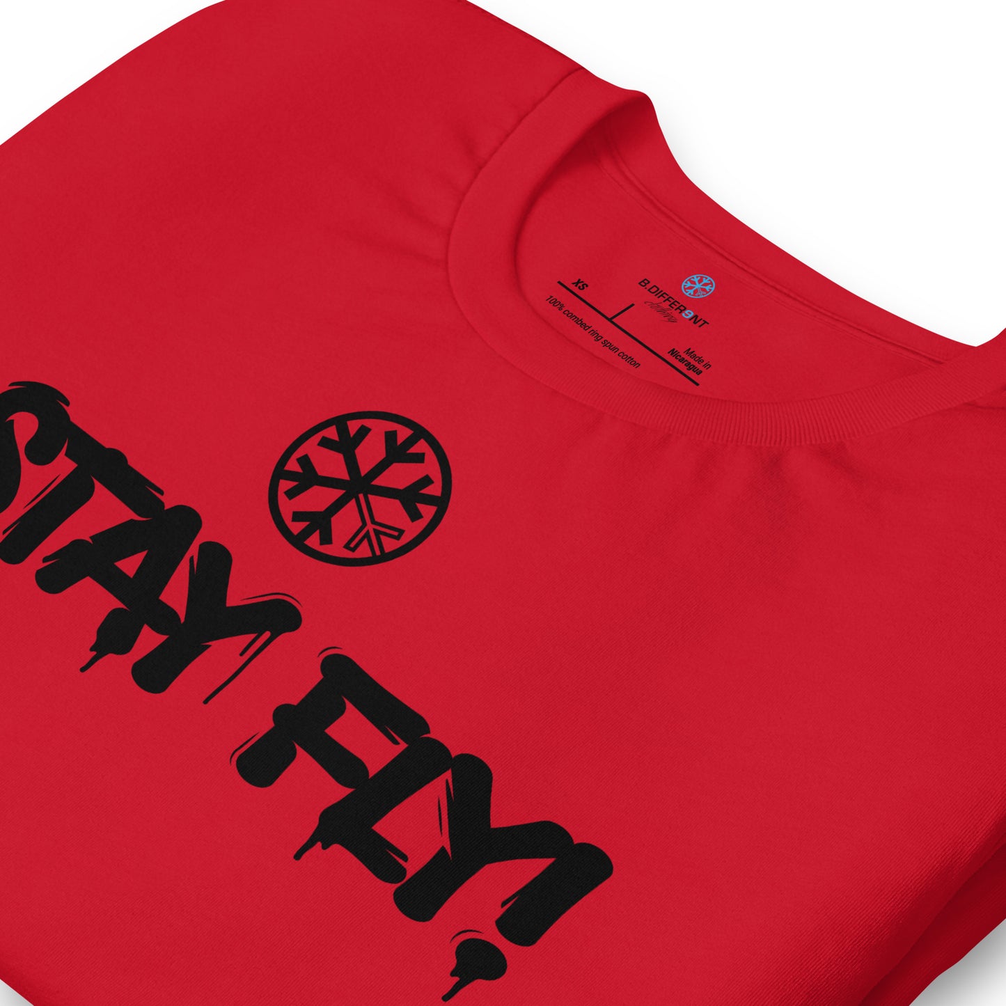 Red-Stay Fly Graffiti Tag Tee from B.Different Clothing, detail, graffiti-inspired streetwear t-shirt