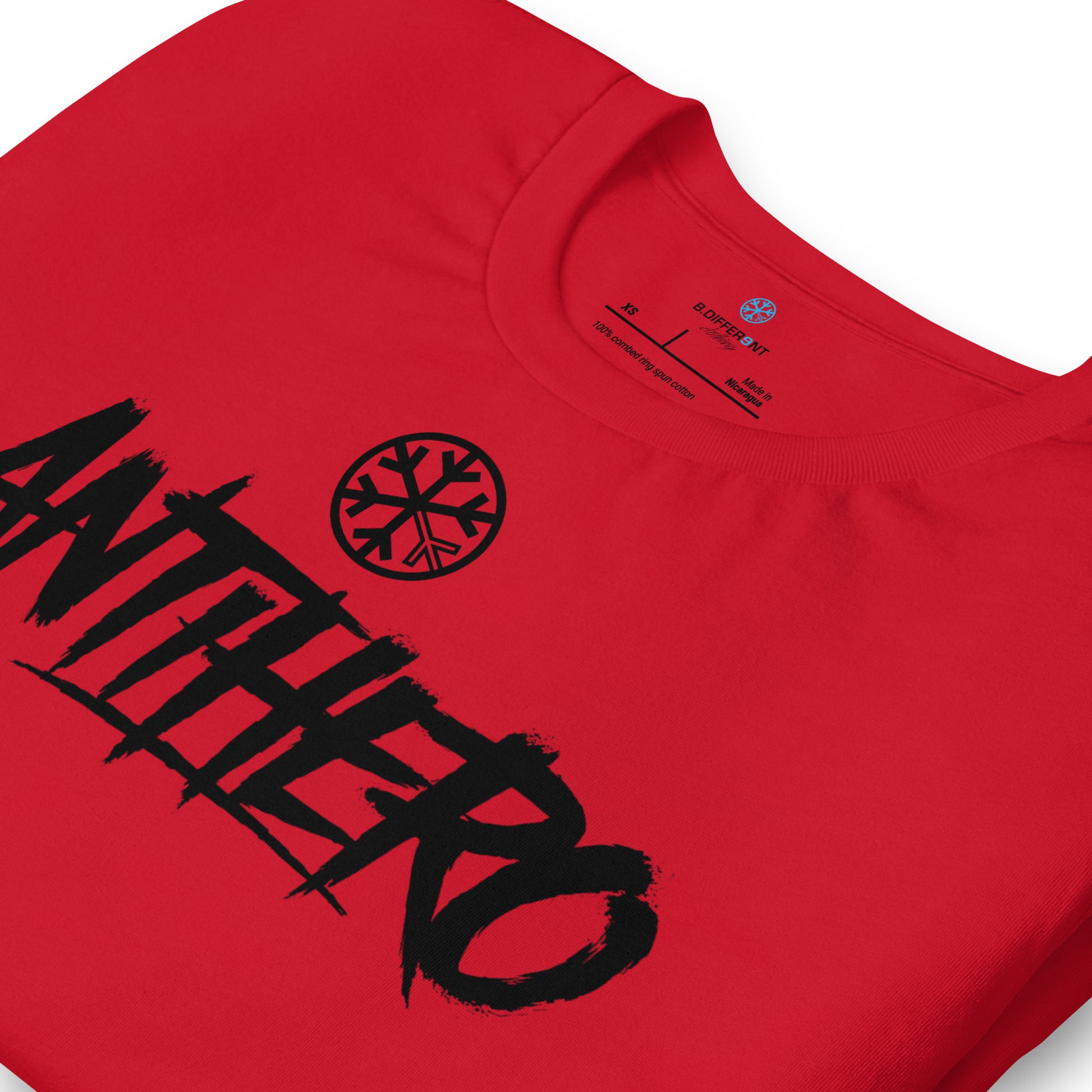 Red-Antihero Graffiti Tag Tee from B.Different Clothing, detail, graffiti-inspired streetwear t-shirt