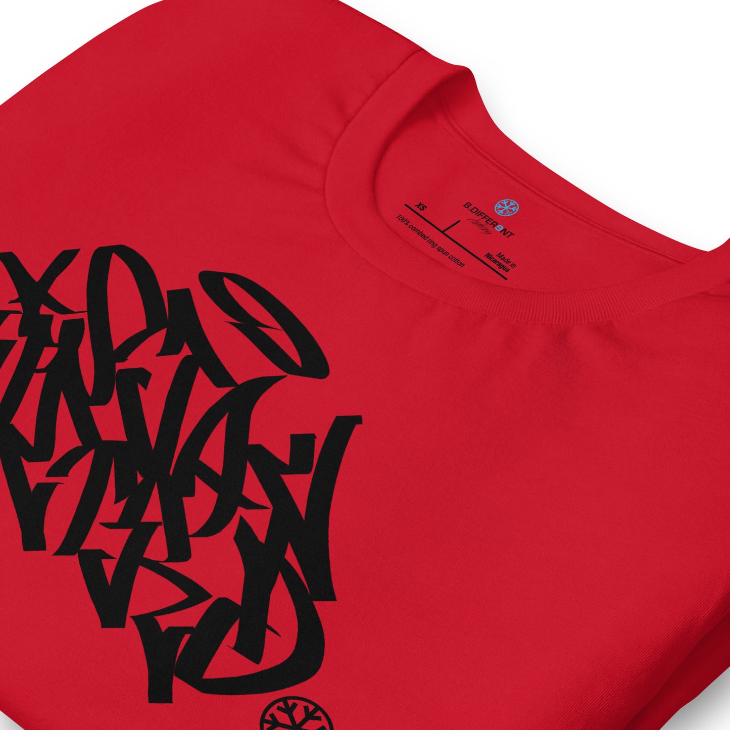 Red-Stay Weird Graffiti Tag Tee from B.Different Clothing, detail, graffiti-inspired streetwear t-shirt