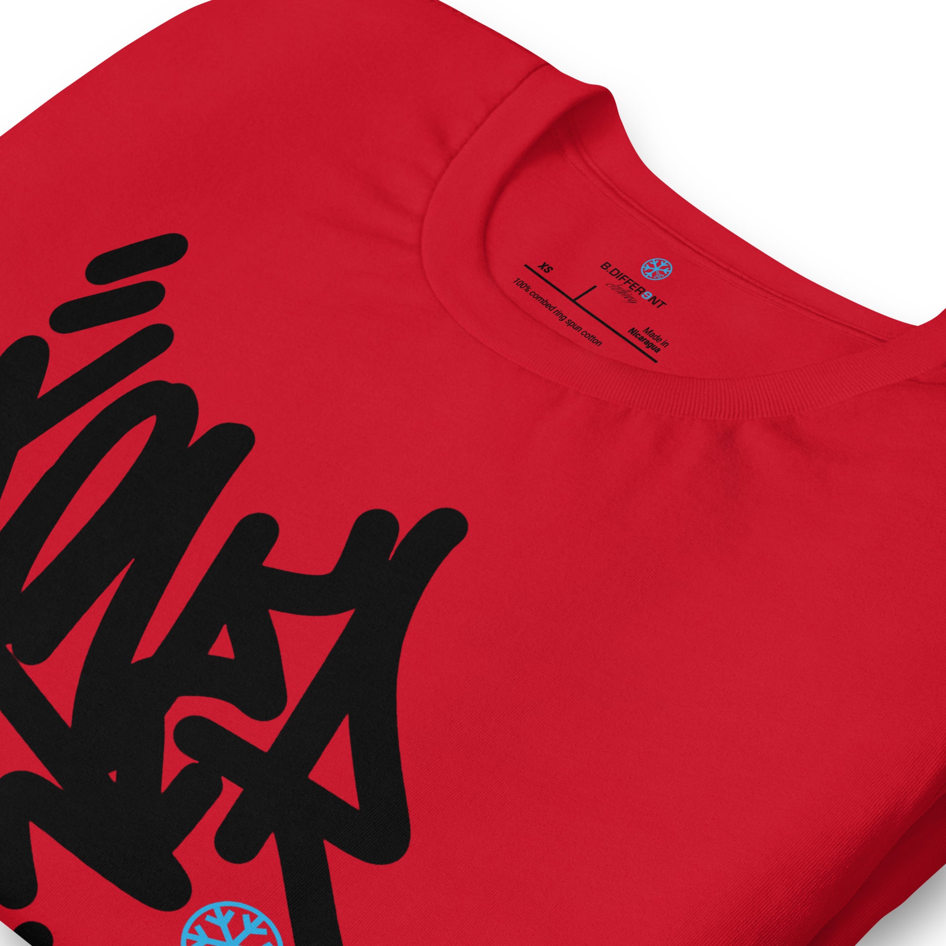 Red-Loner Graffiti Tag Tee from B.Different Clothing, detail, graffiti-inspired streetwear t-shirt