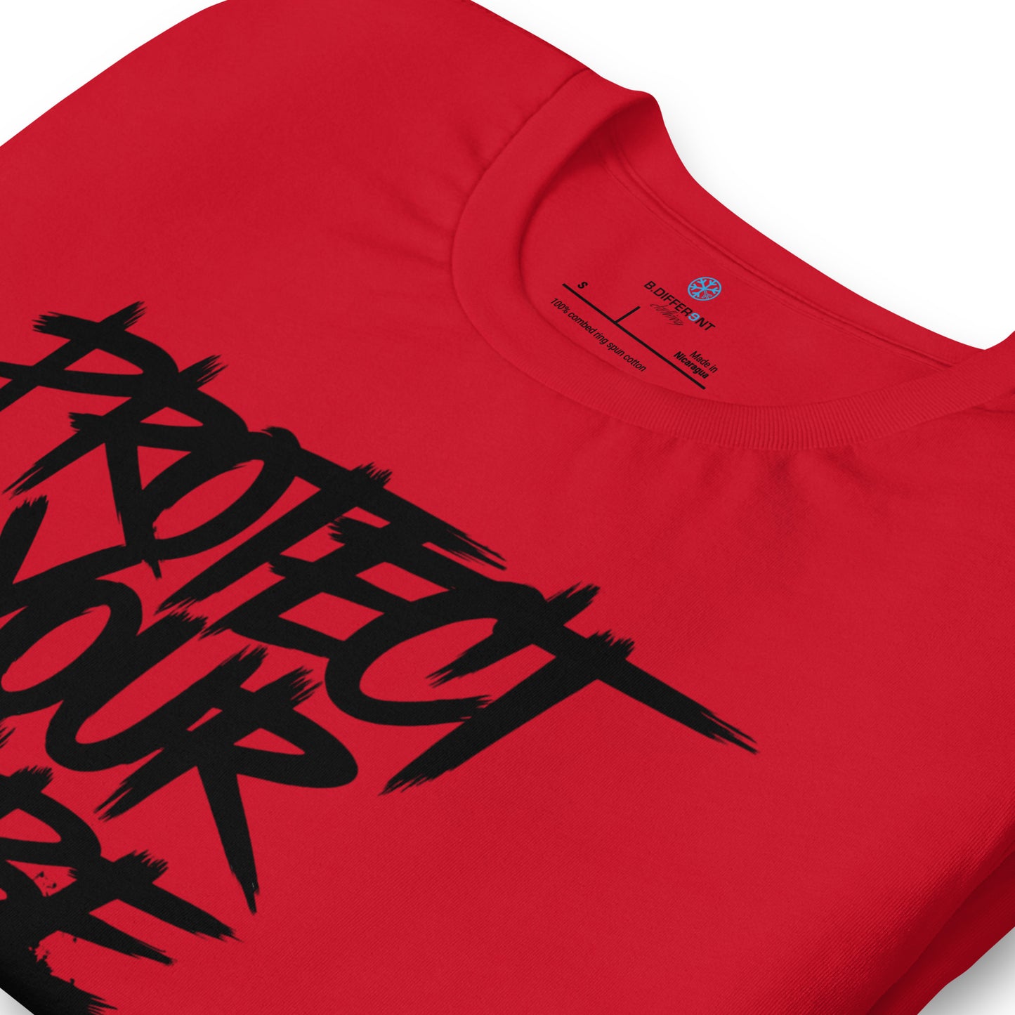 Red-Protect Your Vibe Graffiti Tag Tee from B.Different Clothing, detail, graffiti-inspired streetwear t-shirt