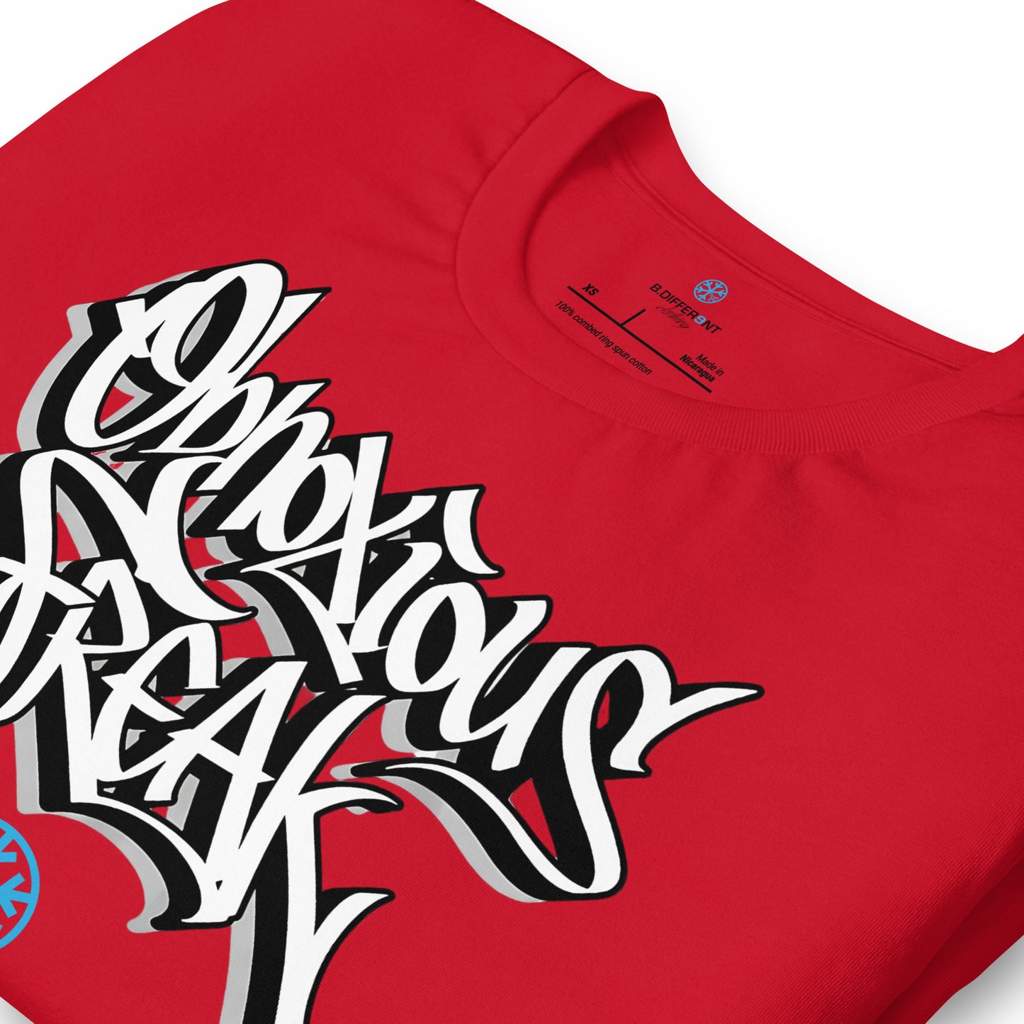 Red-Obnoxious Freak Graffiti Tee from B.Different Clothing, detail, graffiti-inspired streetwear t-shirt