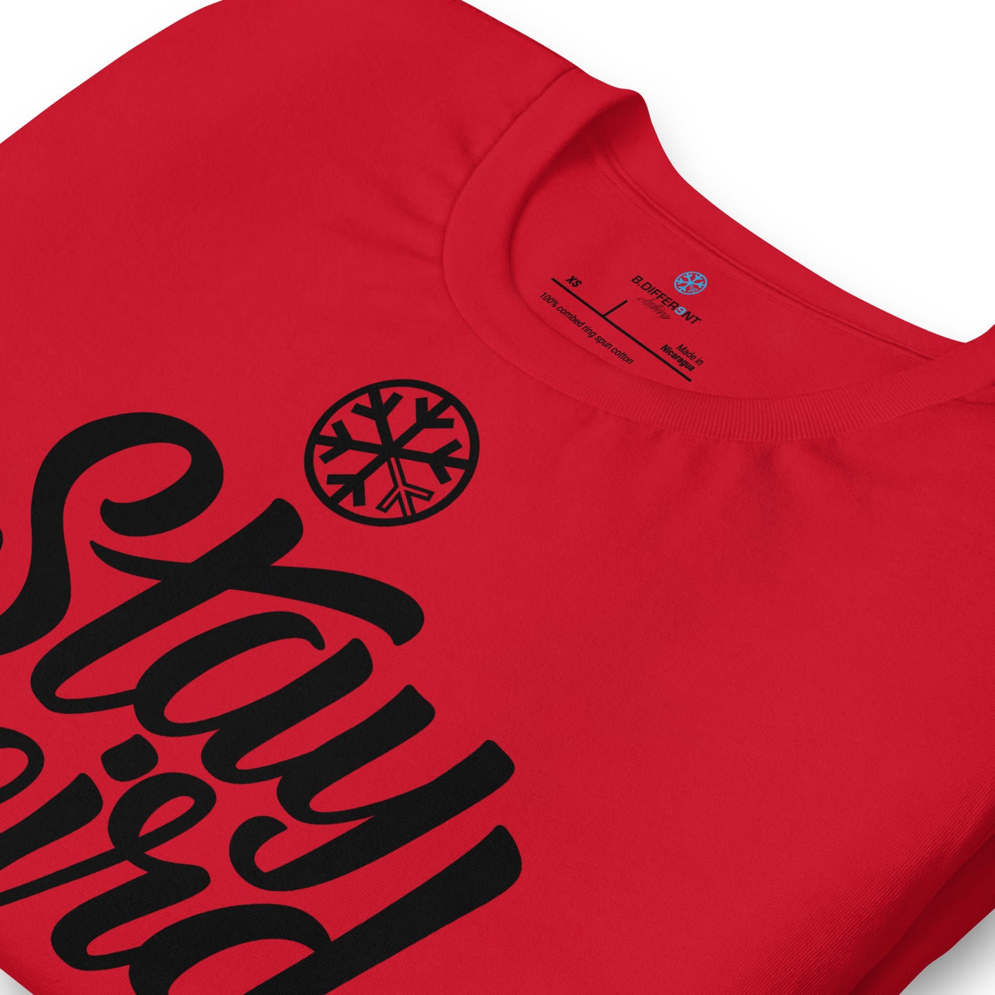 Red-Stay Weird Tee from B.Different Clothing, detail, graffiti-inspired streetwear t-shirt