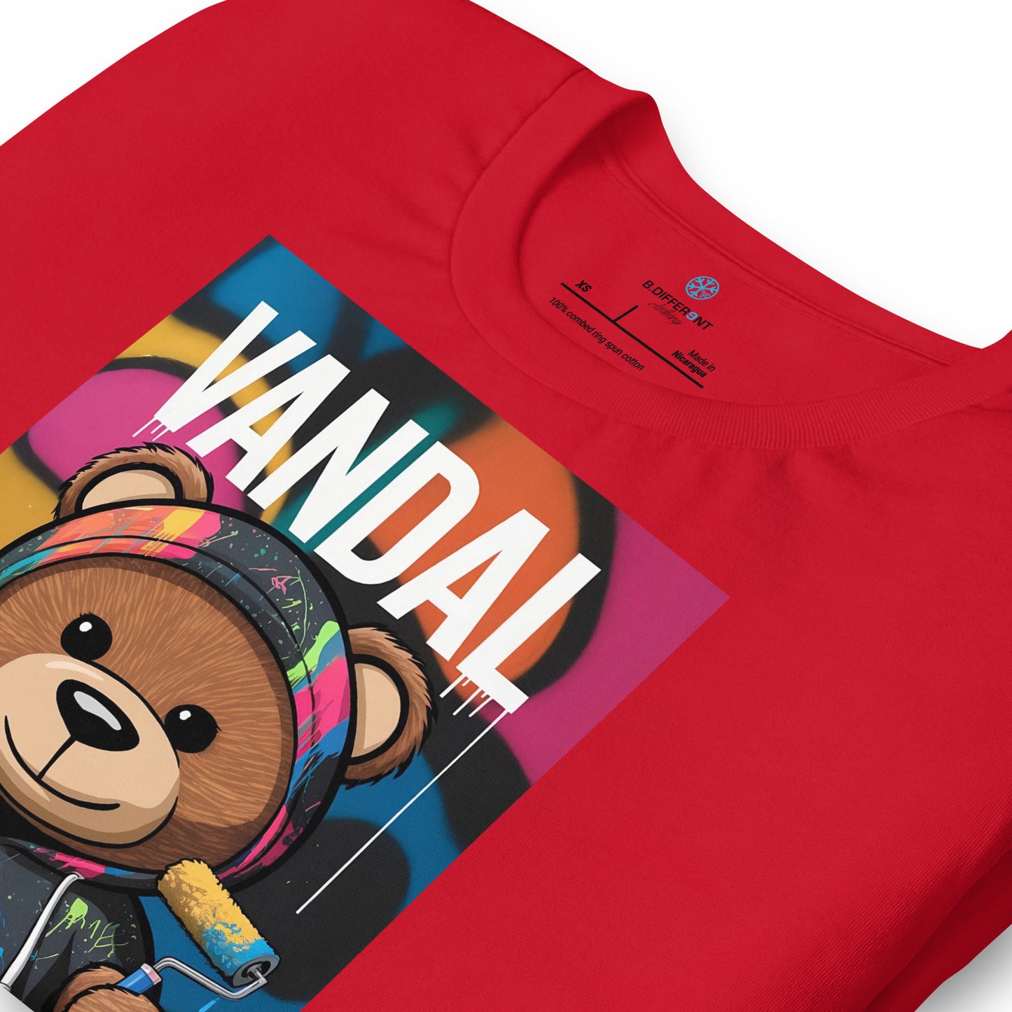 Red-Vandal Teddy Bear Graffiti Tee from B.Different Clothing, detail, graffiti-inspired streetwear