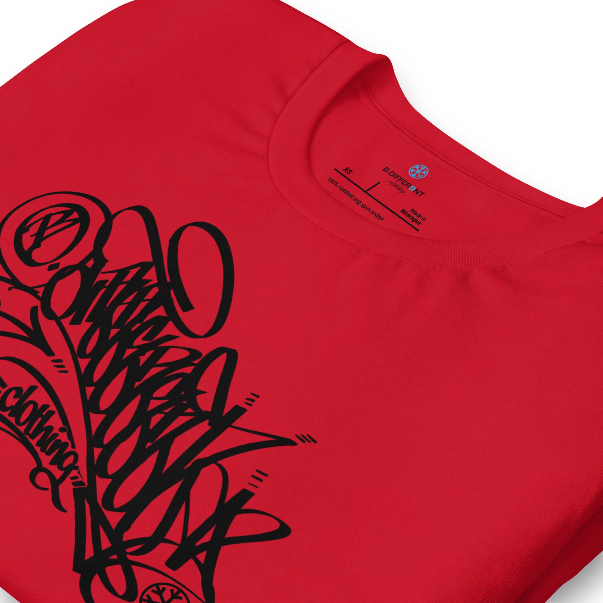 Red-B.Different Clothing Graffiti Tag Tee from B.Different Clothing, detail, graffiti-inspired streetwear t-shirt