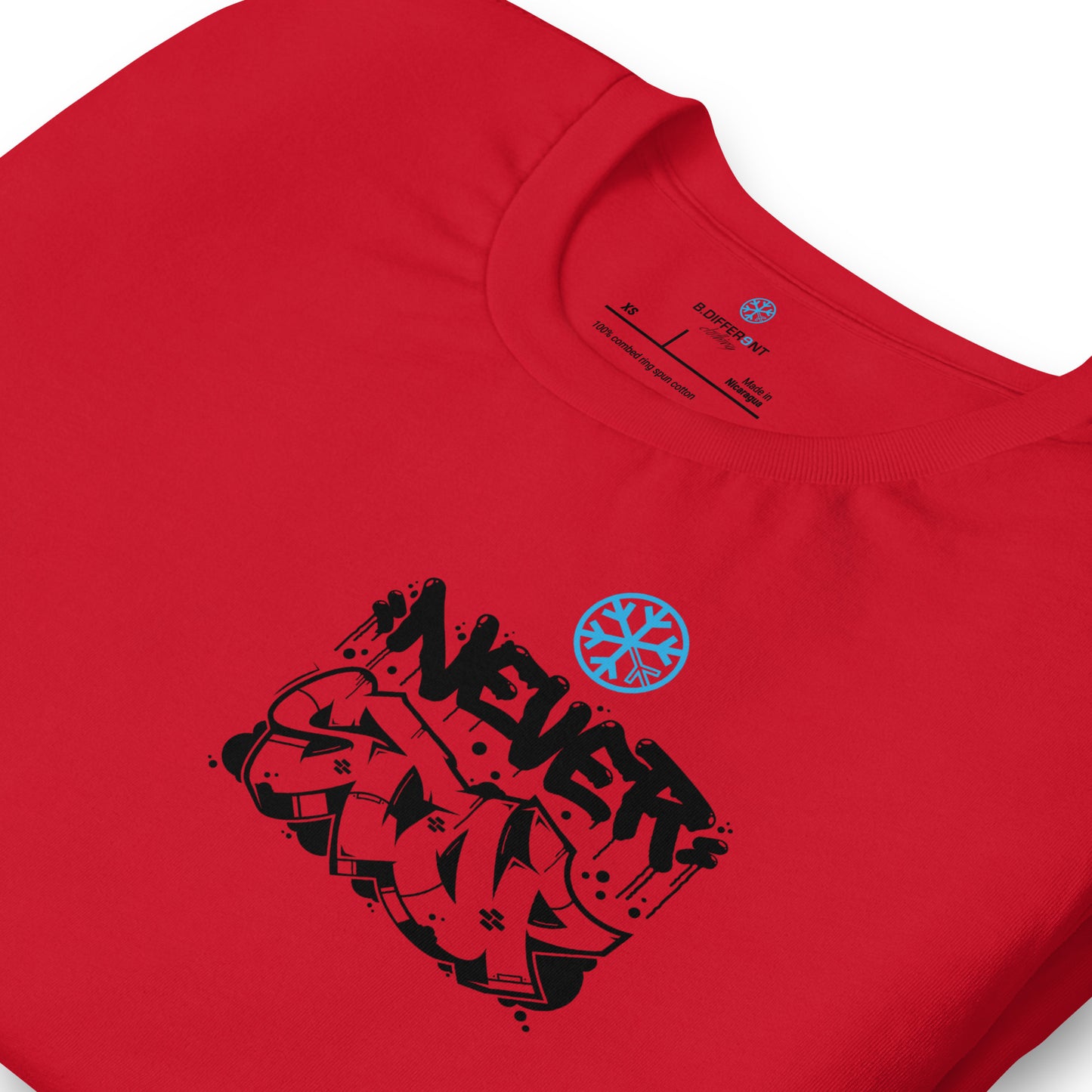 Red-Never Stop Graffiti Character Tee from B.Different Clothing, detail, graffiti-inspired streetwear t-shirt