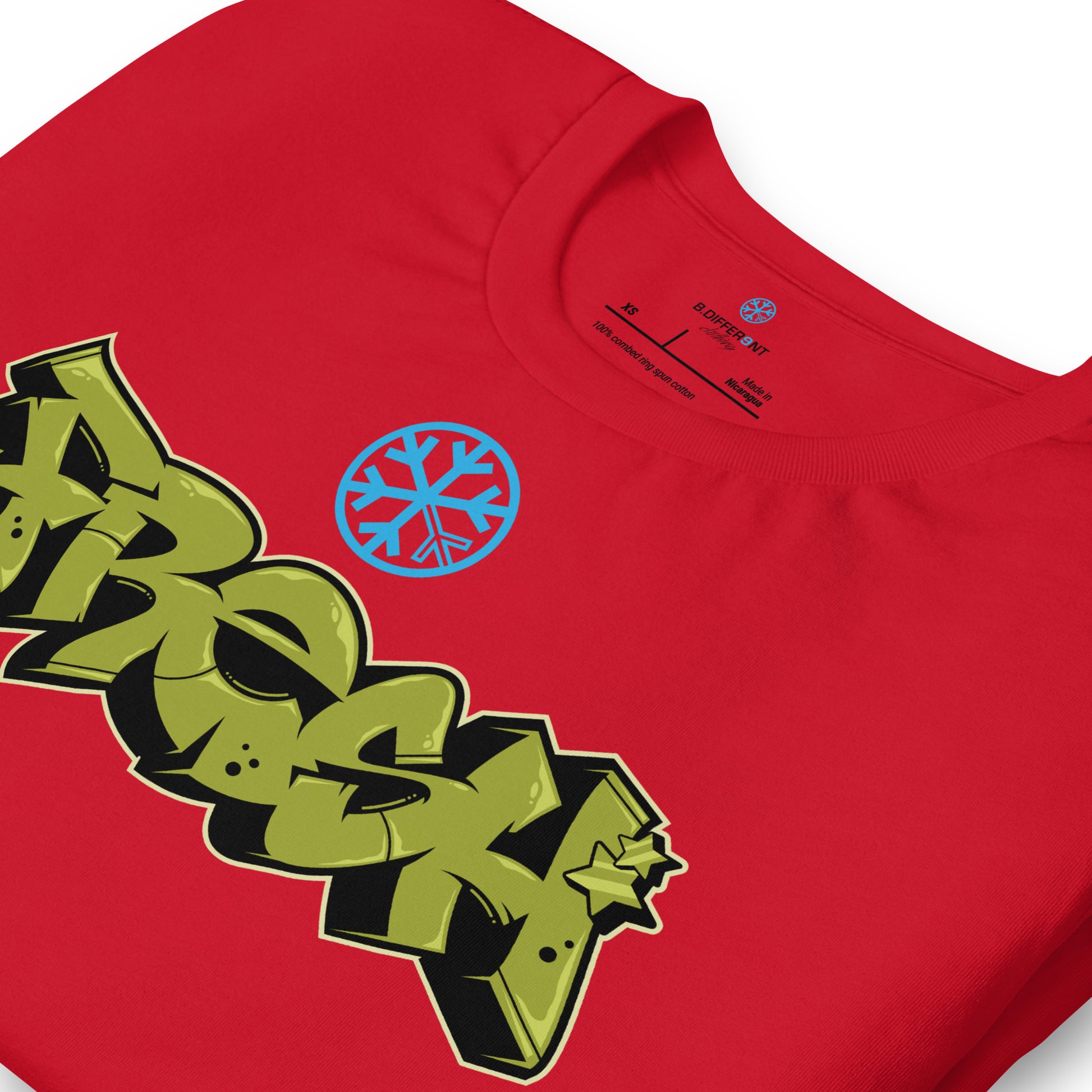 Red-Fresh Graffiti Piece Tee from B.Different Clothing, detail, graffiti-inspired streetwear t-shirt