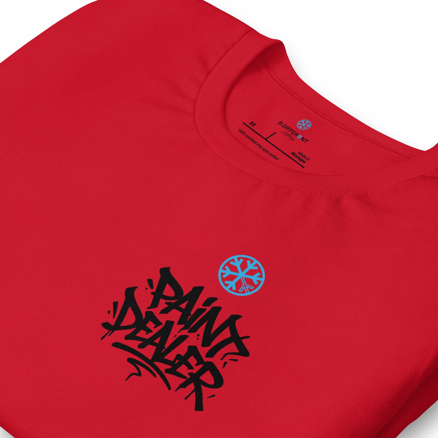Red-Paint Dealer Graffiti Character Tee from B.Different Clothing, detail, graffiti-inspired streetwear t-shirt