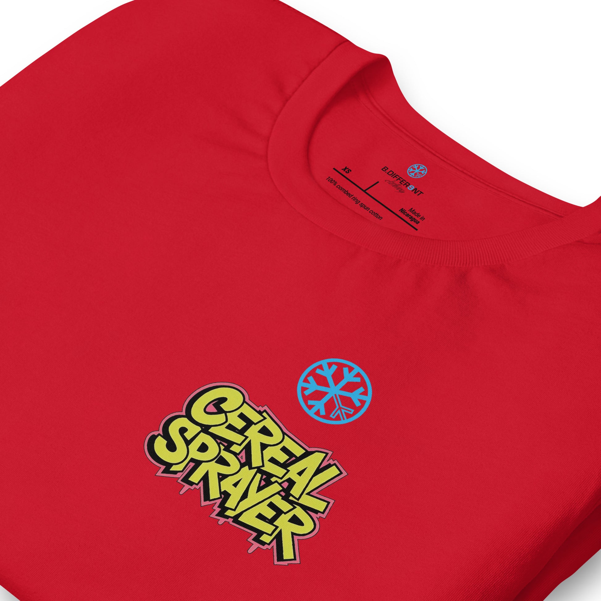 Red-Cereal Sprayer Graffiti Tee from B.Different Clothing, detail, graffiti-inspired streetwear t-shirt