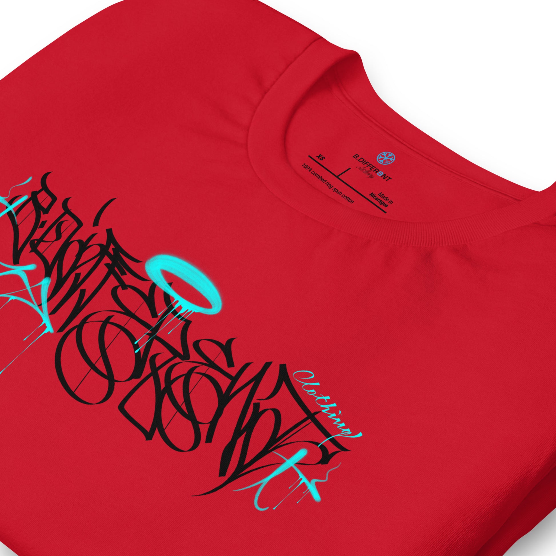 Red-Caos One Collab Graffiti Tee from B.Different Clothing, detail, graffiti-inspired streetwear t-shirt