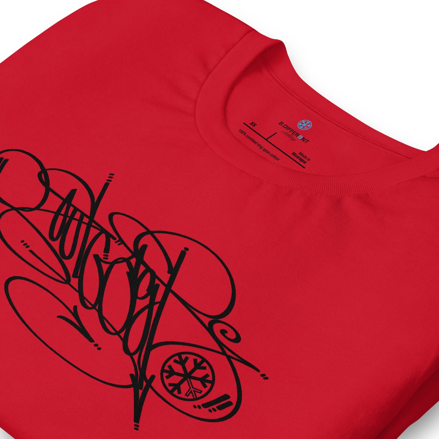 Red-Outcast Tag Tee by Graffiti Dad from B.Different Clothing, detail, graffiti-inspired streetwear t-shirt