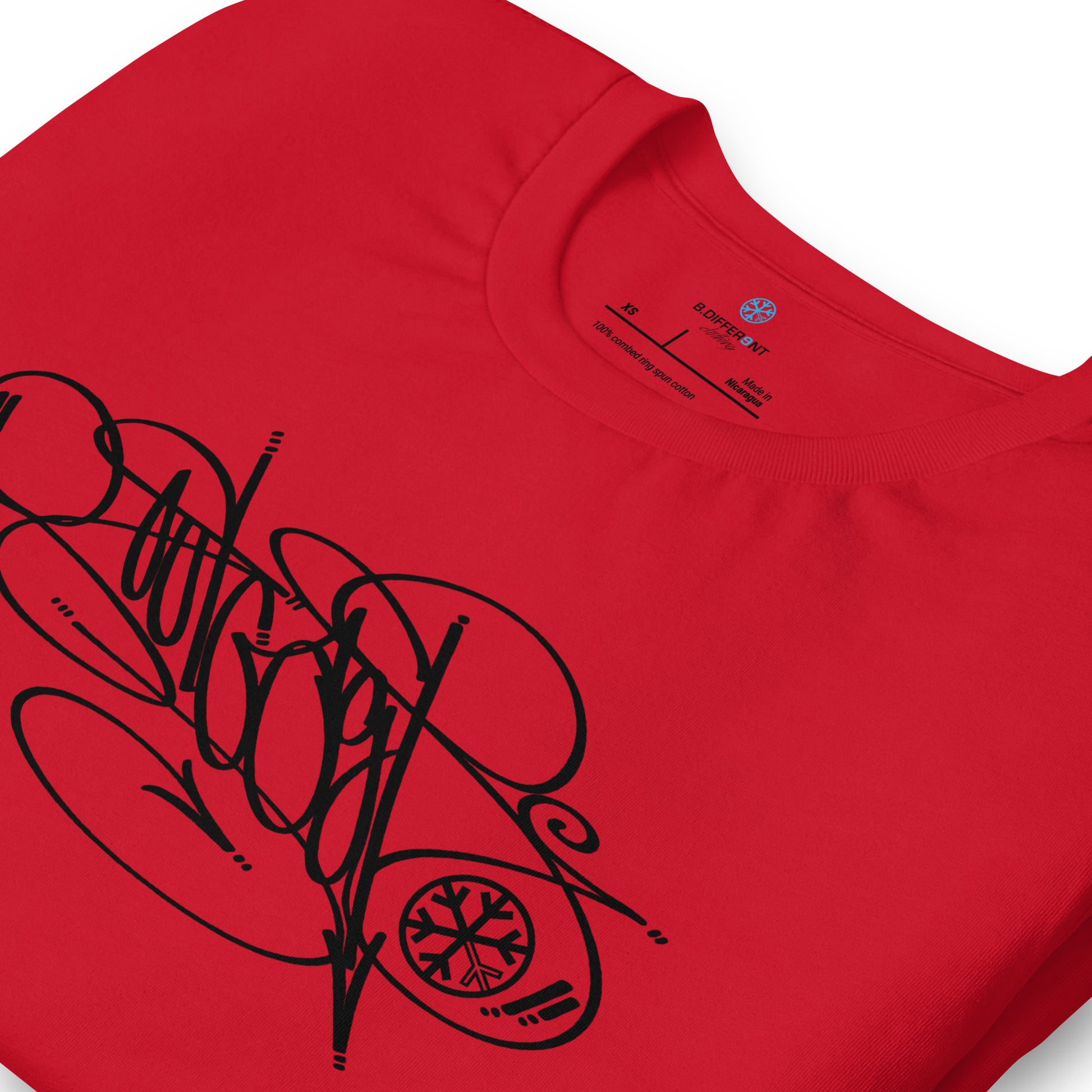 Red-Outcast Tag Tee by Graffiti Dad from B.Different Clothing, detail, graffiti-inspired streetwear t-shirt