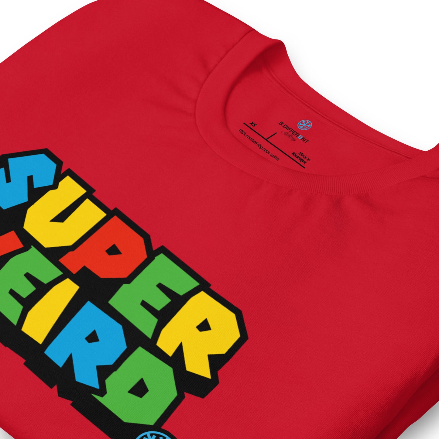 Red-Super Weird Tee from B.Different Clothing, detail, graffiti-inspired streetwear t-shirt