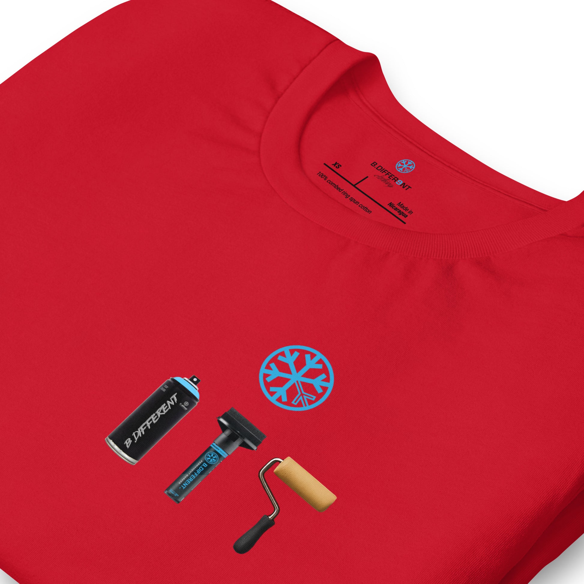 Red-Graffiti Artist Action Figure Tee from B.Different Clothing, detail, graffiti-inspired streetwear t-shirt