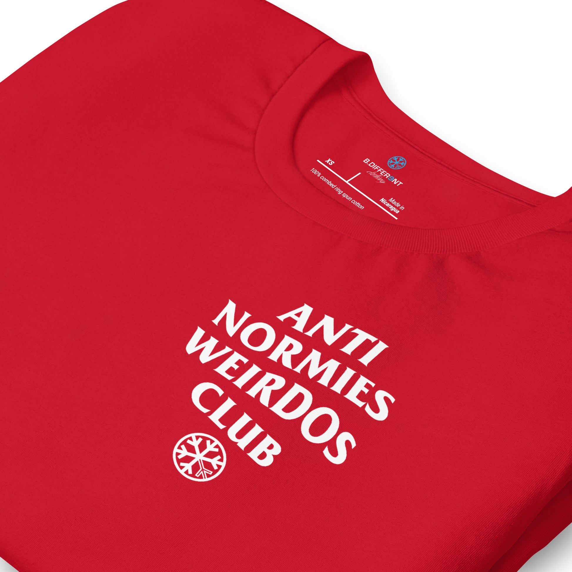 Red-Anti Normies Weirdos Club Tee from B.Different Clothing, detail, graffiti-inspired streetwear t-shirt