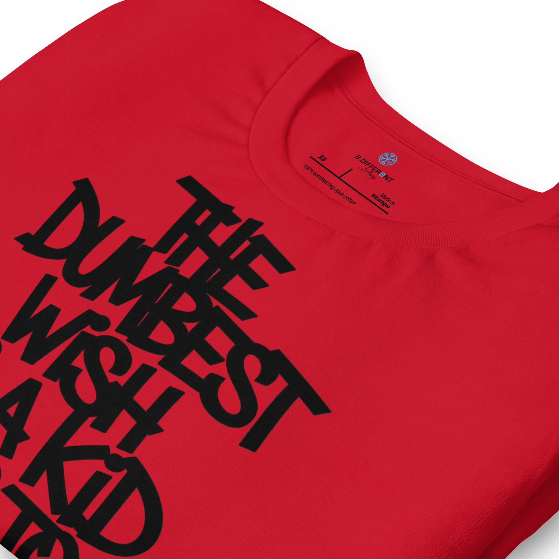 Red-The Dumbest Wish Graffiti Tag Tee from B.Different Clothing, detail, graffiti-inspired streetwear t-shirt