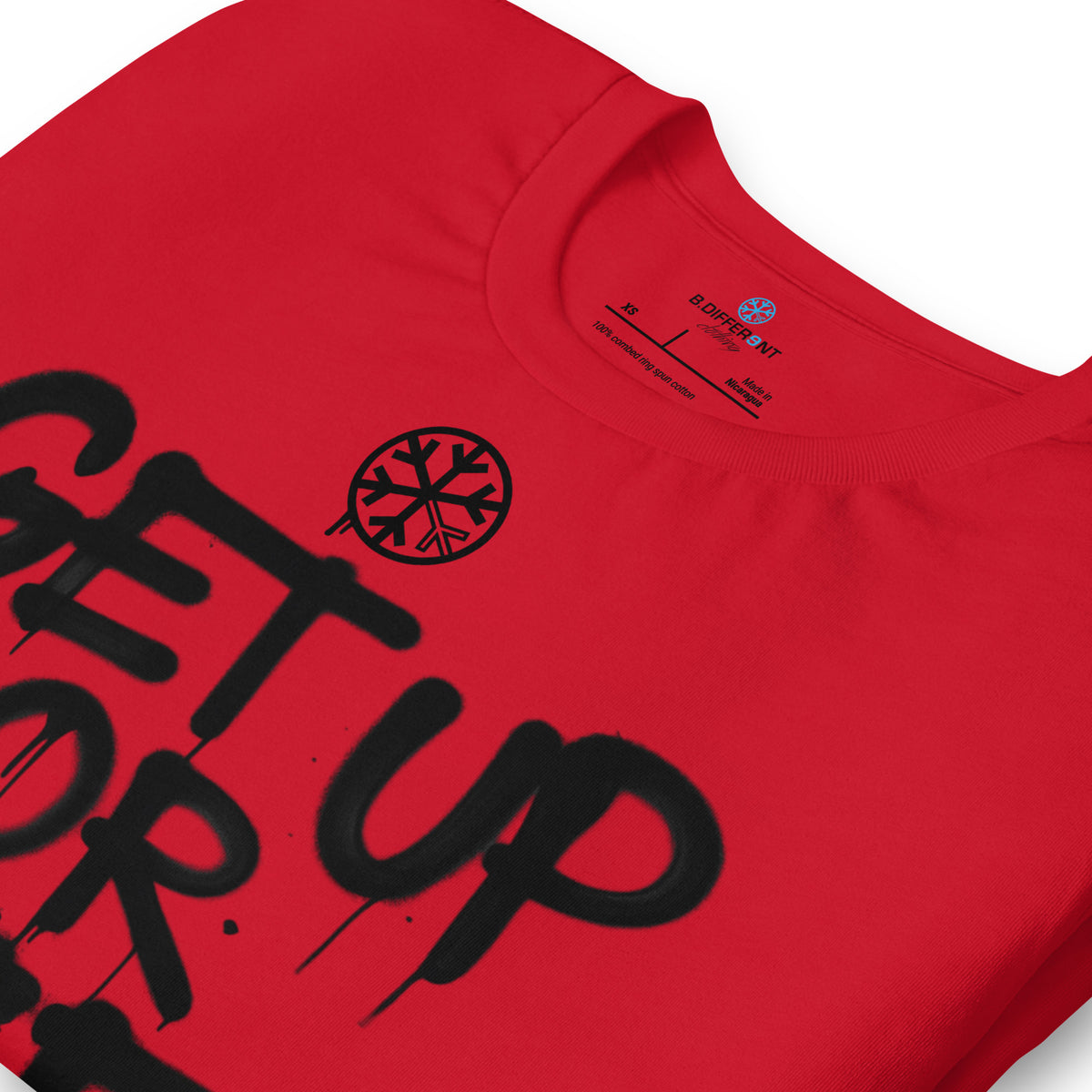 Red-Get Up or Die Graffiti Tag Tee from B.Different Clothing, detail, graffiti-inspired streetwear t-shirt