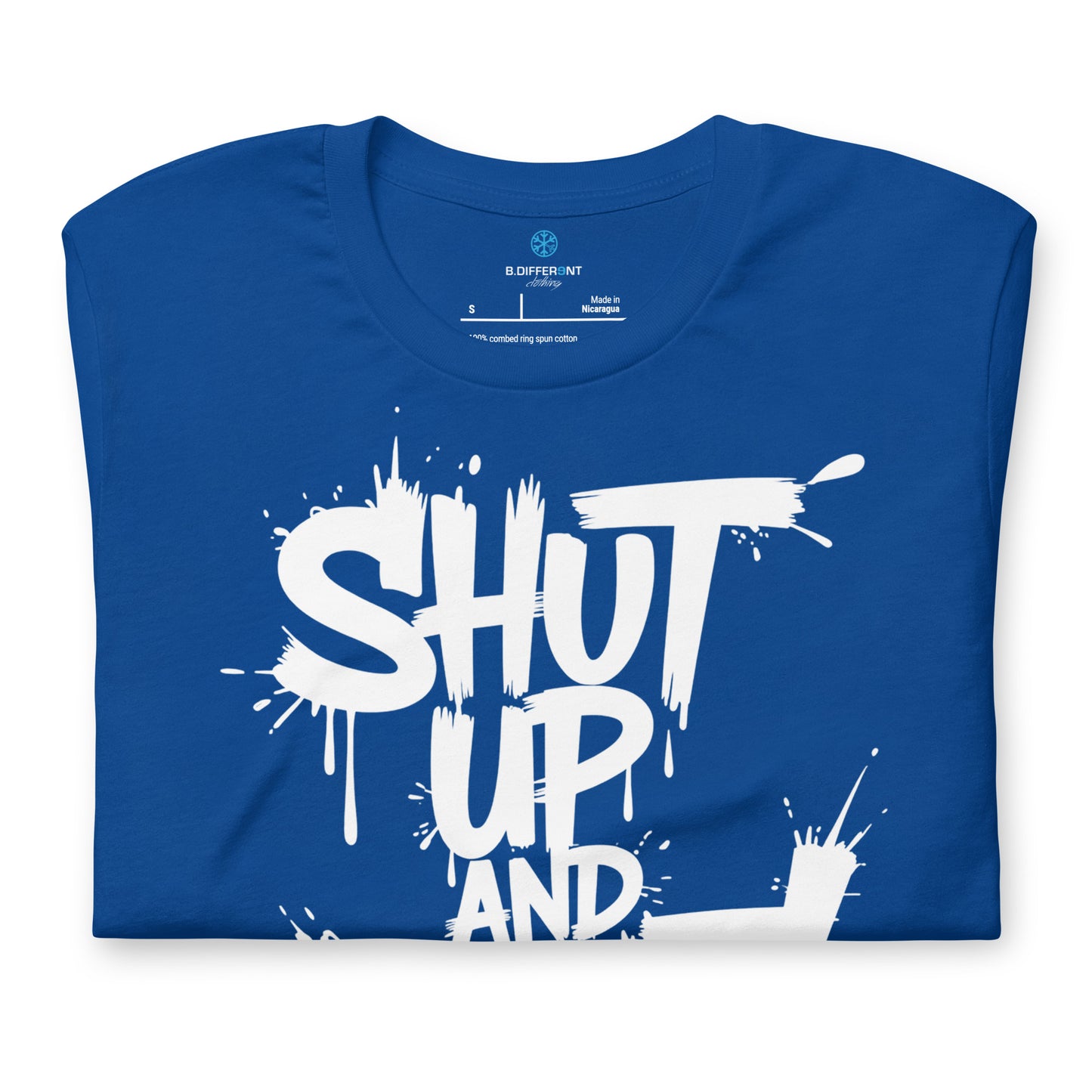 Blue-Shut Up and Paint Graffiti Tee from B.Different Clothing, folded, graffiti-inspired streetwear t-shirt