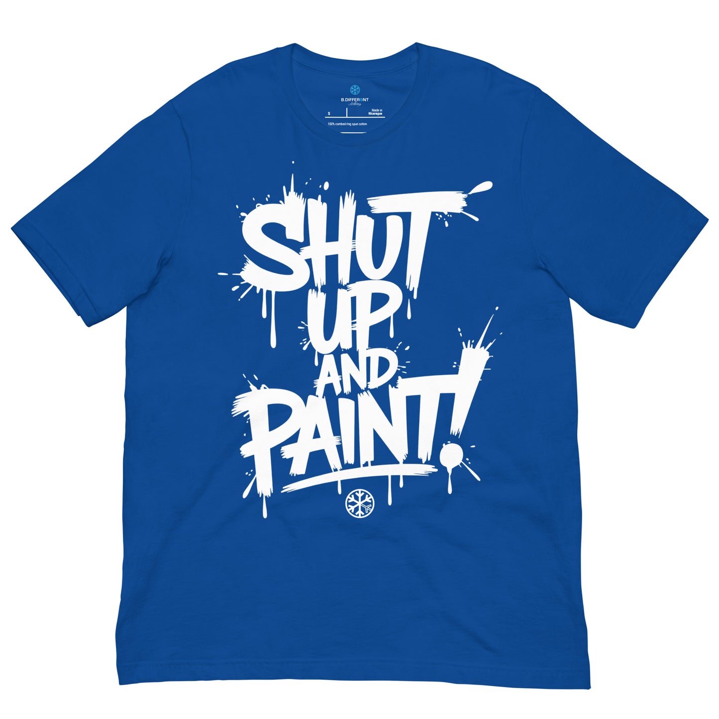 Blue-Shut Up and Paint Graffiti Tee from B.Different Clothing, front view, graffiti-inspired streetwear t-shirt