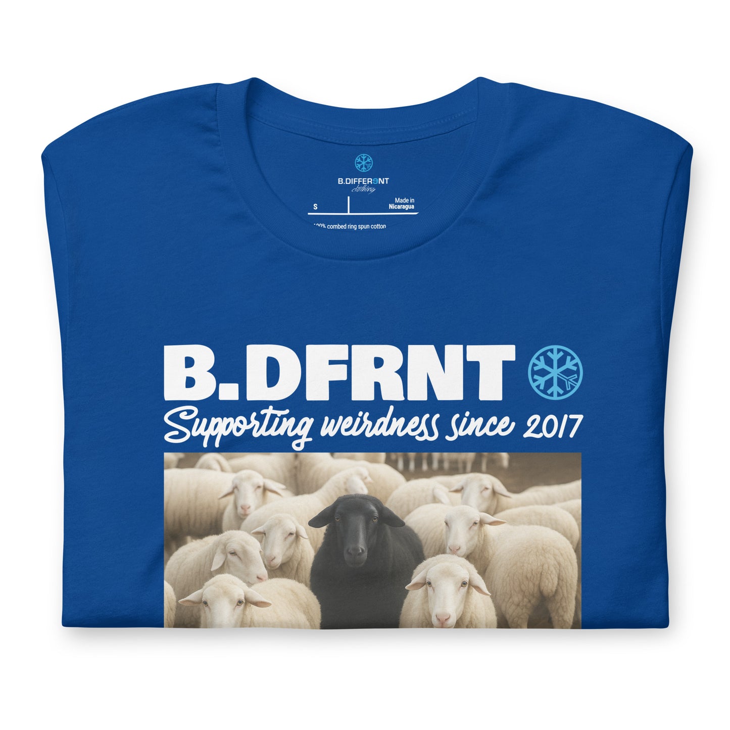 Blue-Black Sheep Tee from B.Different Clothing, folded, graffiti-inspired streetwear t-shirt