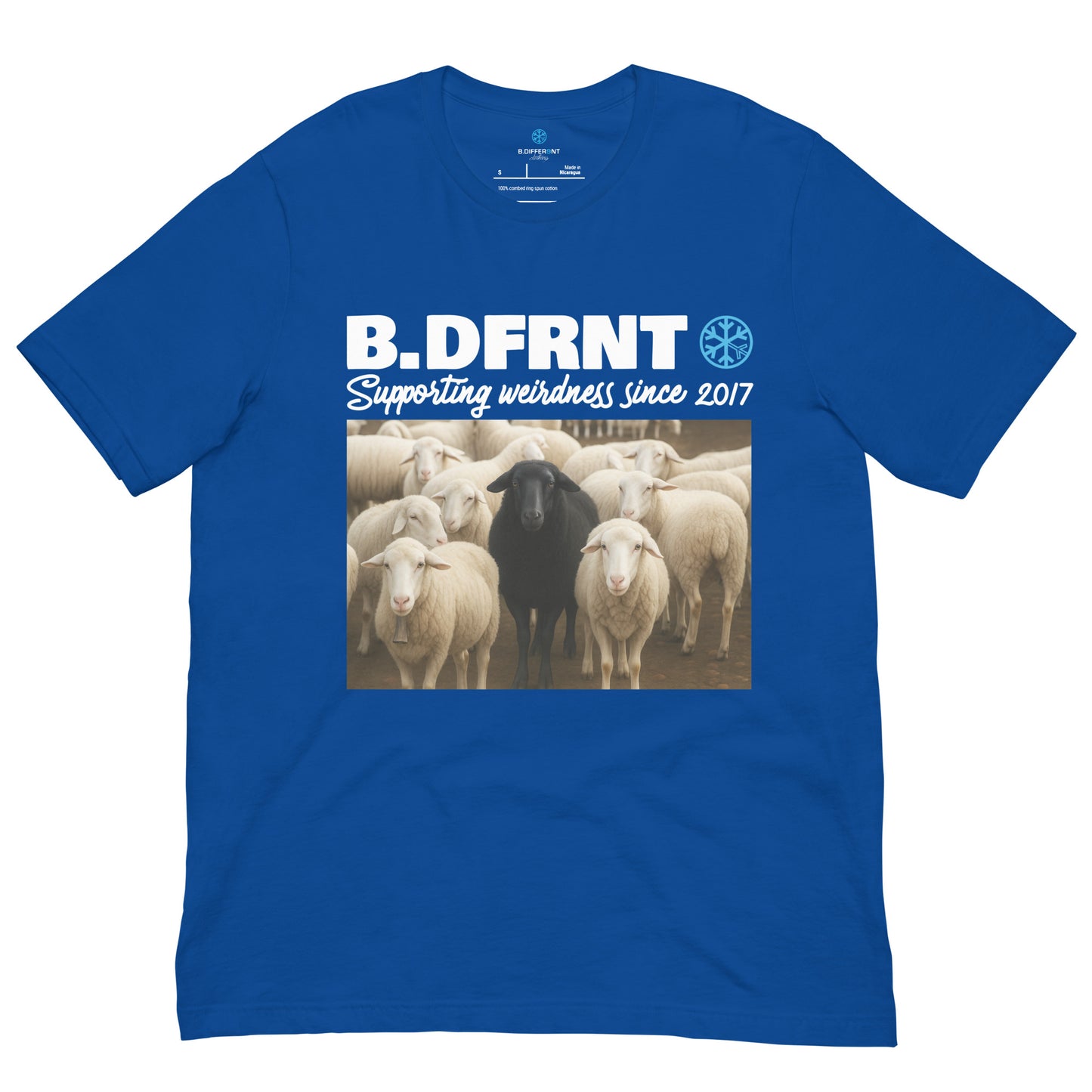 Blue-Black Sheep Tee from B.Different Clothing, front view, graffiti-inspired streetwear t-shirt