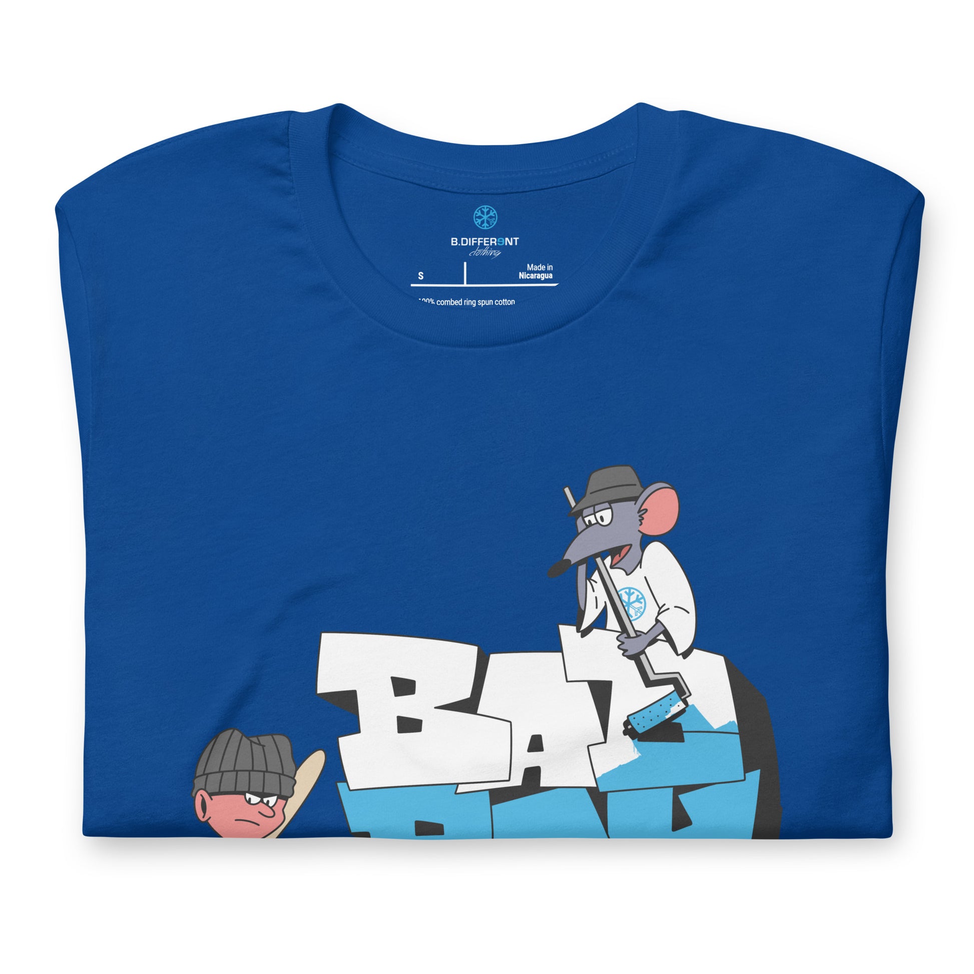 Blue-Bad Boy Graffiti Tee from B.Different Clothing, folded, graffiti-inspired streetwear t-shirt