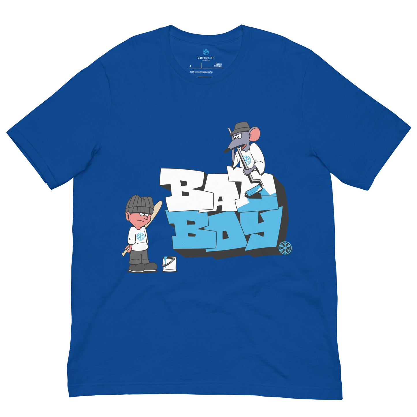 Blue-Bad Boy Graffiti Tee from B.Different Clothing, front view, graffiti-inspired streetwear t-shirt