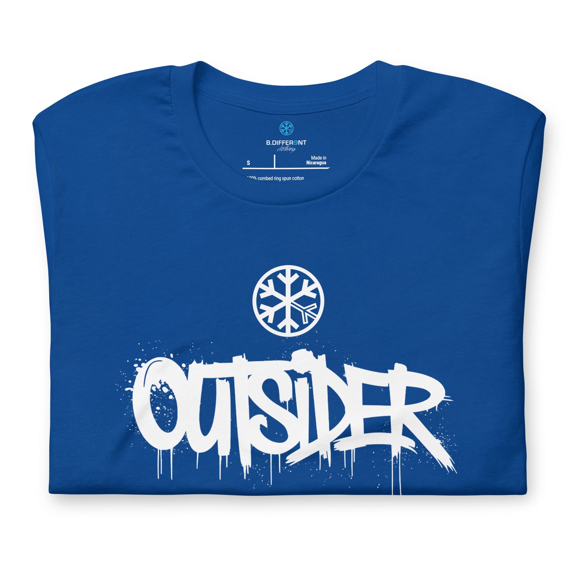 Blue-Outsider Graffiti Tag Tee from B.Different Clothing, folded, graffiti-inspired streetwear t-shirt