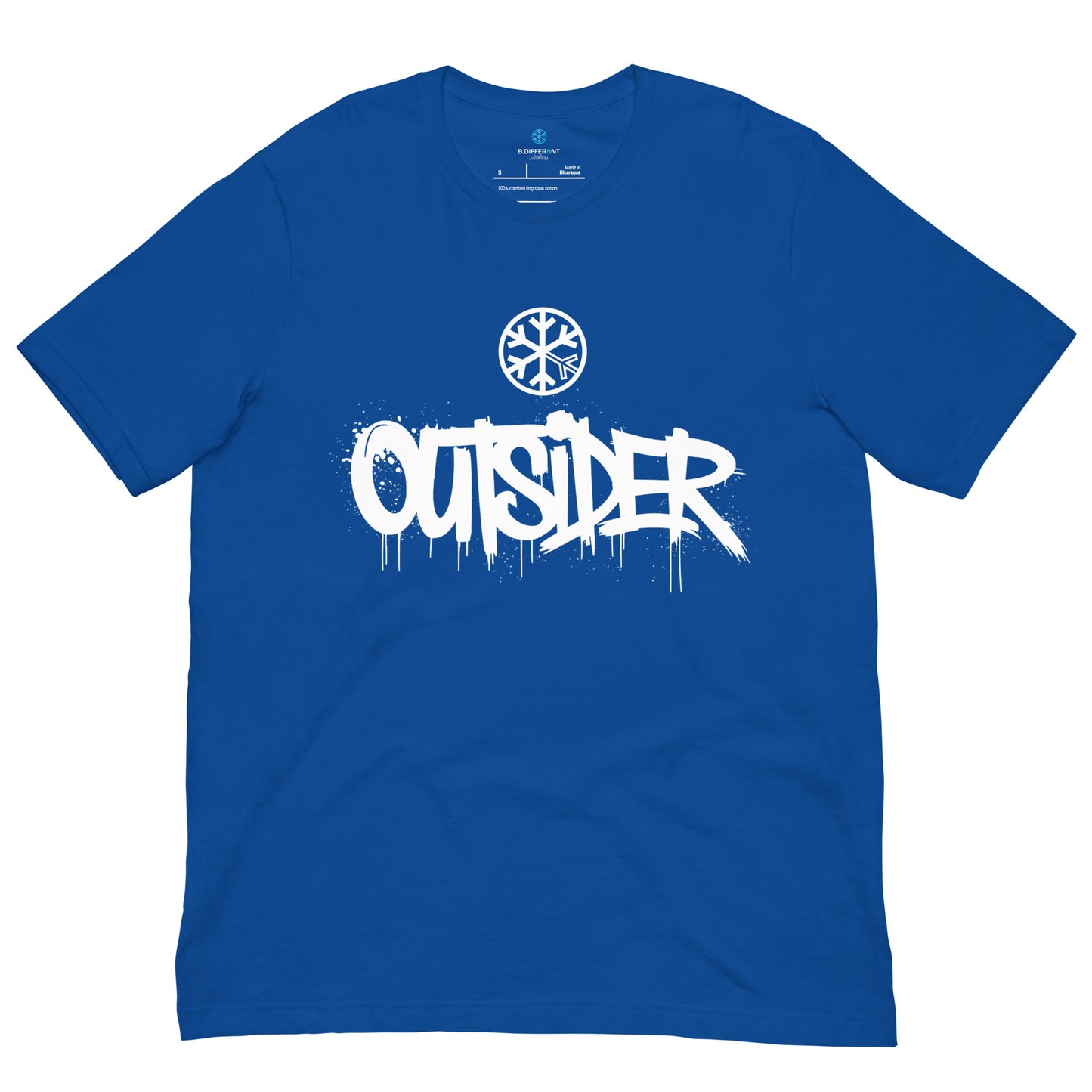 Blue-Outsider Graffiti Tag Tee from B.Different Clothing, front view, graffiti-inspired streetwear t-shirt