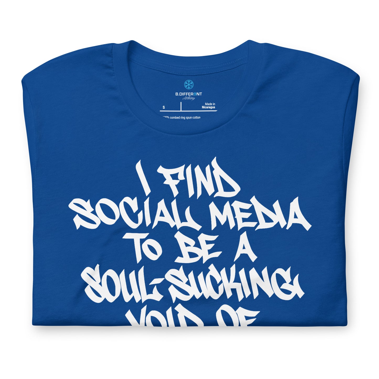 Blue-Social Media Graffiti Tag Tee from B.Different Clothing, folded, graffiti-inspired streetwear t-shirt