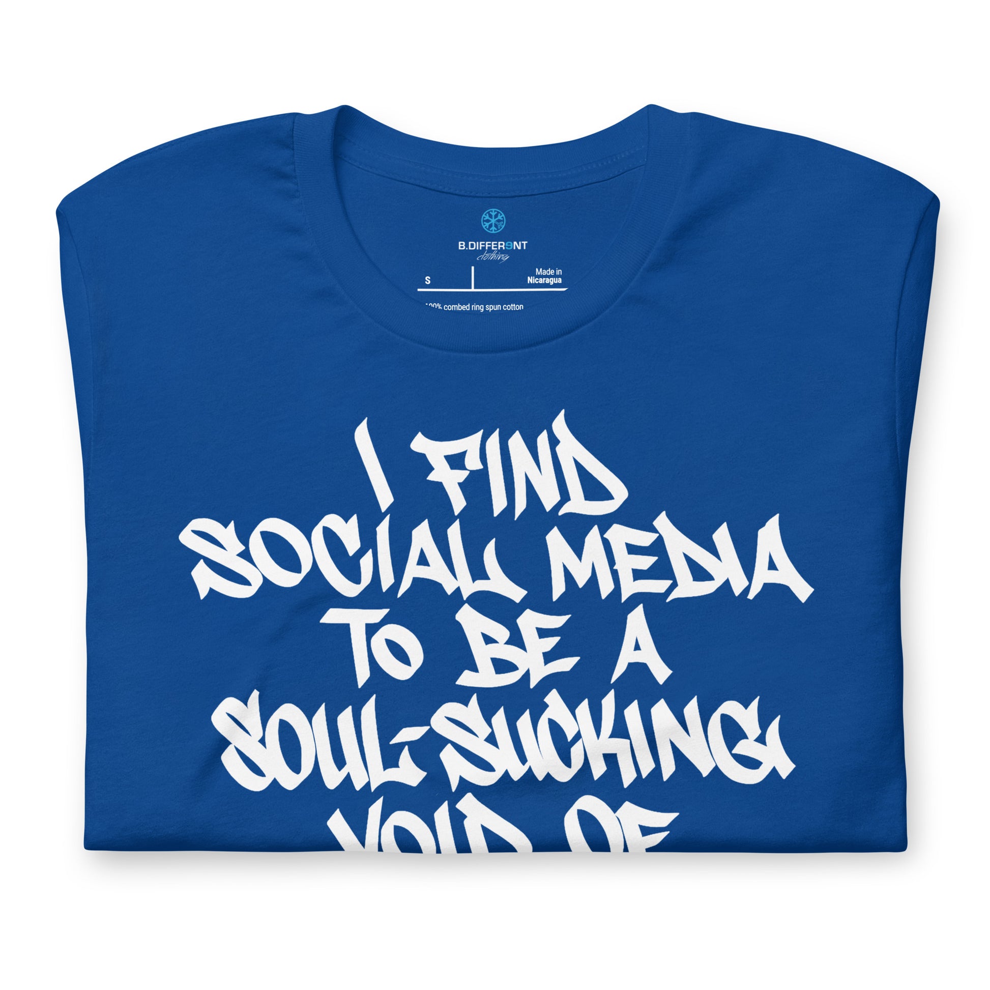 Blue-Social Media Graffiti Tag Tee from B.Different Clothing, folded, graffiti-inspired streetwear t-shirt