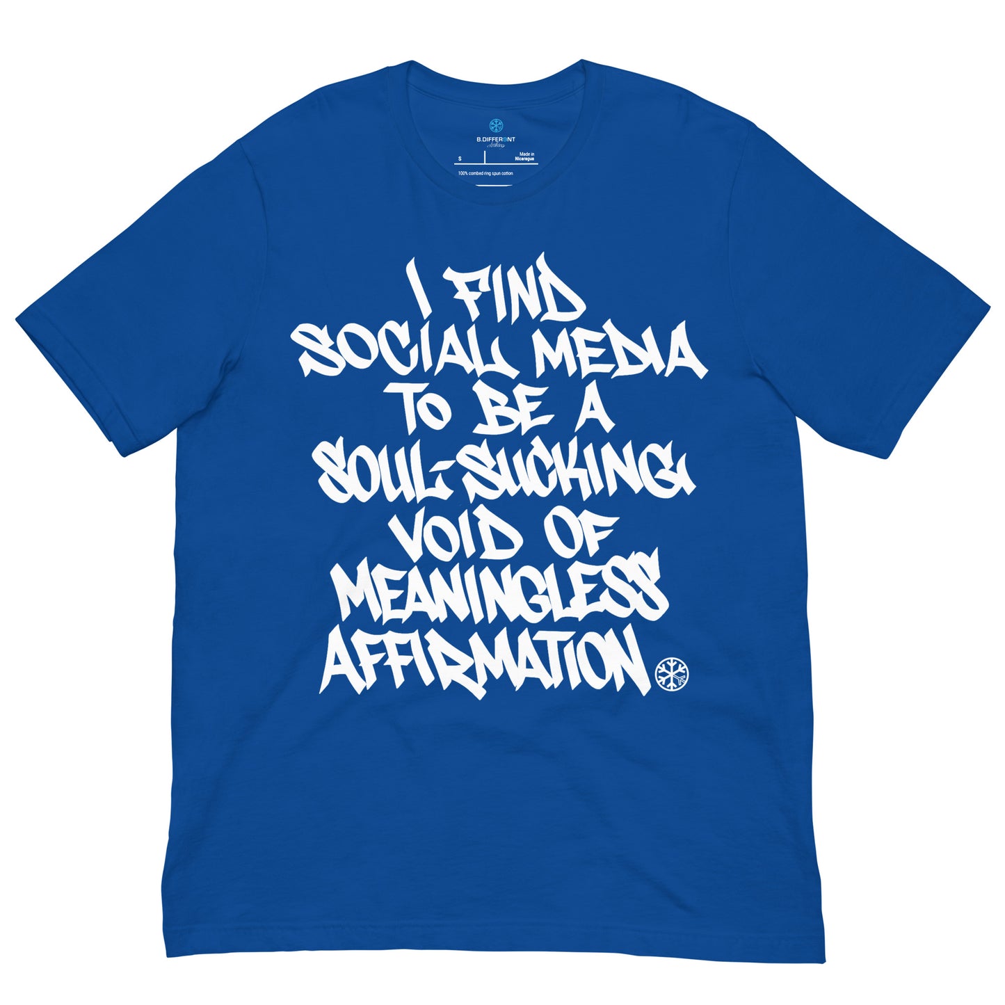 Blue-Social Media Graffiti Tag Tee from B.Different Clothing, front view, graffiti-inspired streetwear t-shirt