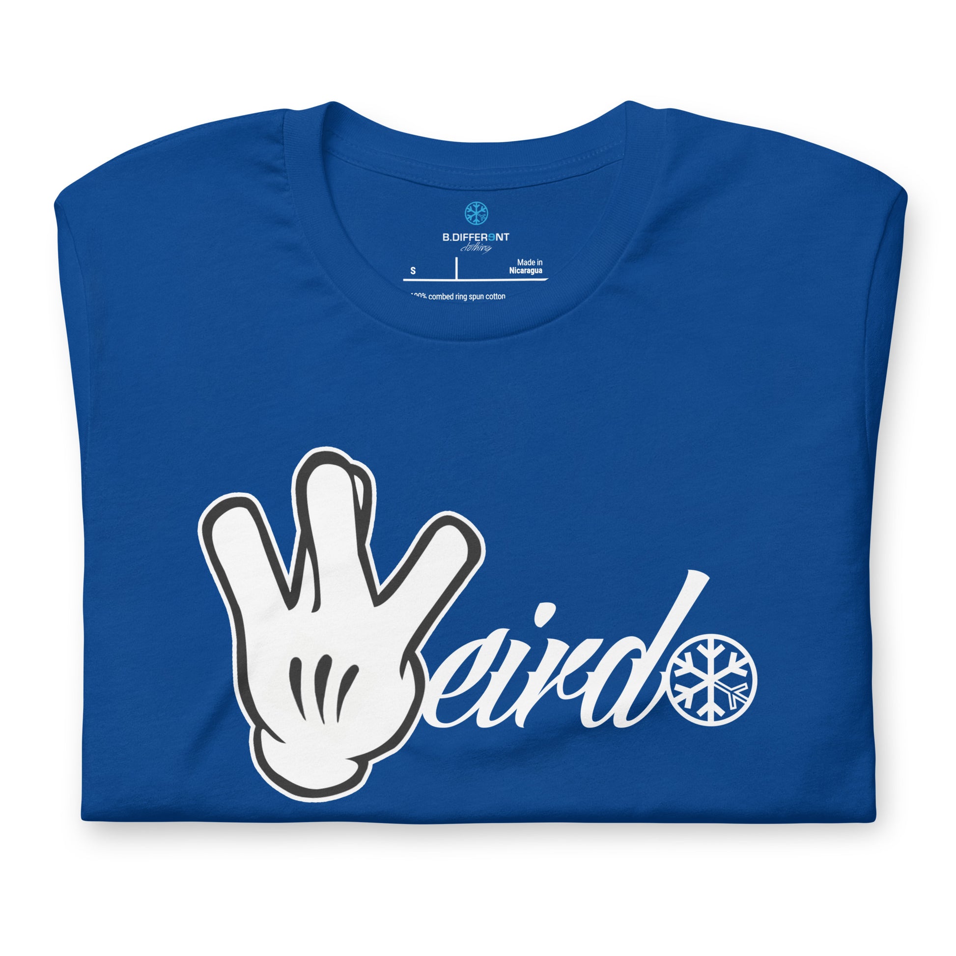 Blue-Weirdo Hand Sign Tee from B.Different Clothing, folded, graffiti-inspired streetwear t-shirt
