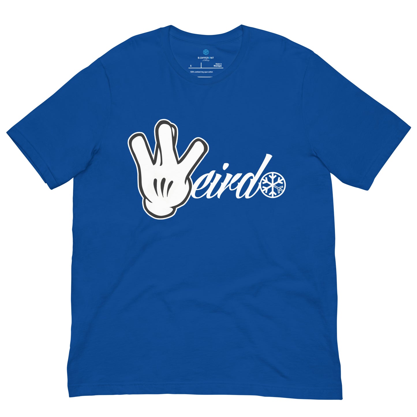 Blue-Weirdo Hand Sign Tee from B.Different Clothing, front view, graffiti-inspired streetwear t-shirt