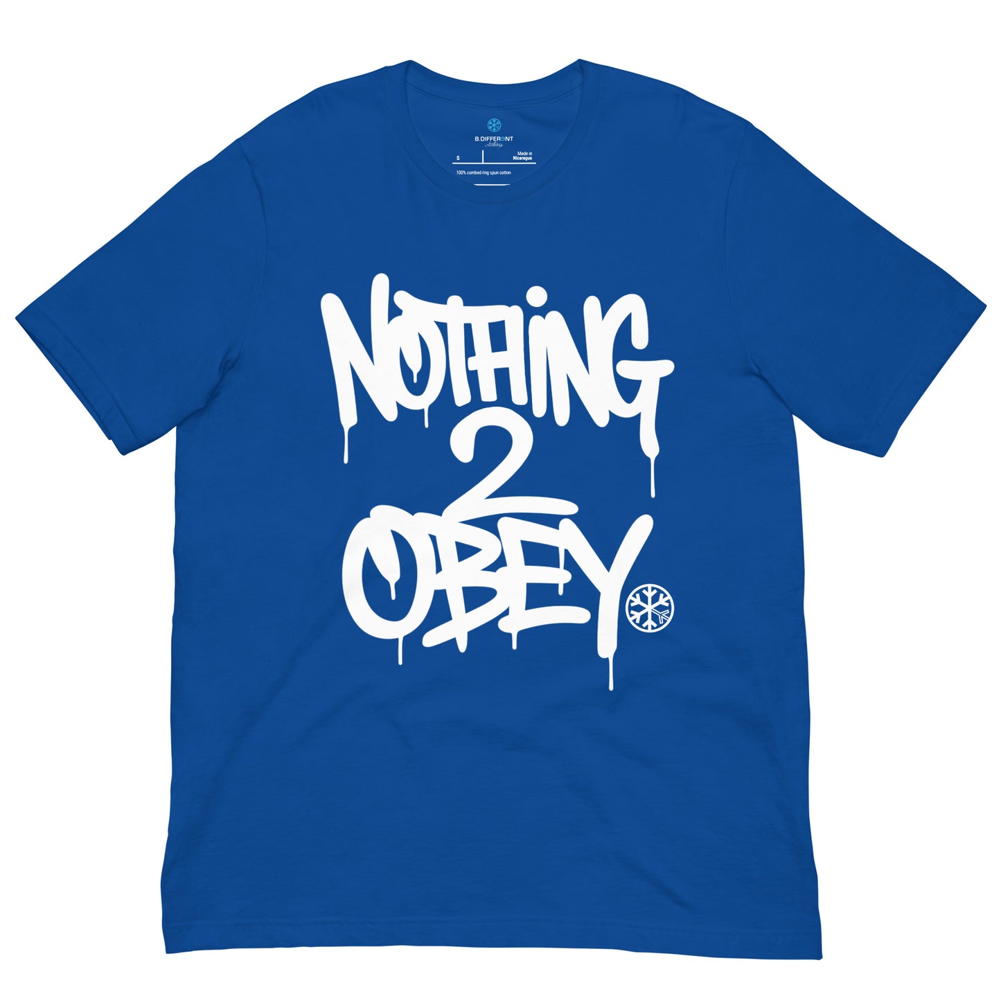 Blue-Nothing 2 Obey Graffiti Tee from B.Different Clothing, front view, graffiti-inspired streetwear t-shirt