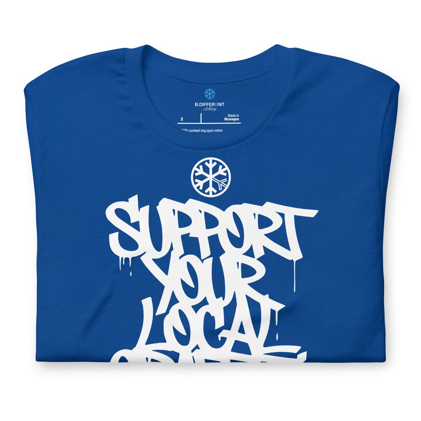 Blue-Support Your Local Graffiti Artists Tee from B.Different Clothing, folded, graffiti-inspired streetwear t-shirt