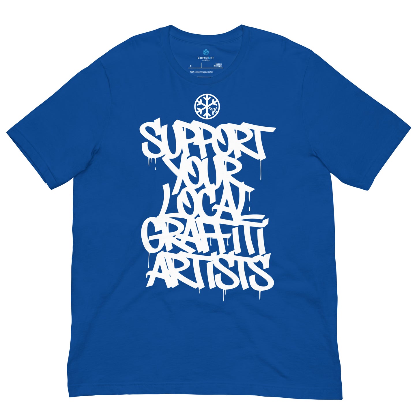 Blue-Support Your Local Graffiti Artists Tee from B.Different Clothing, front view, graffiti-inspired streetwear t-shirt