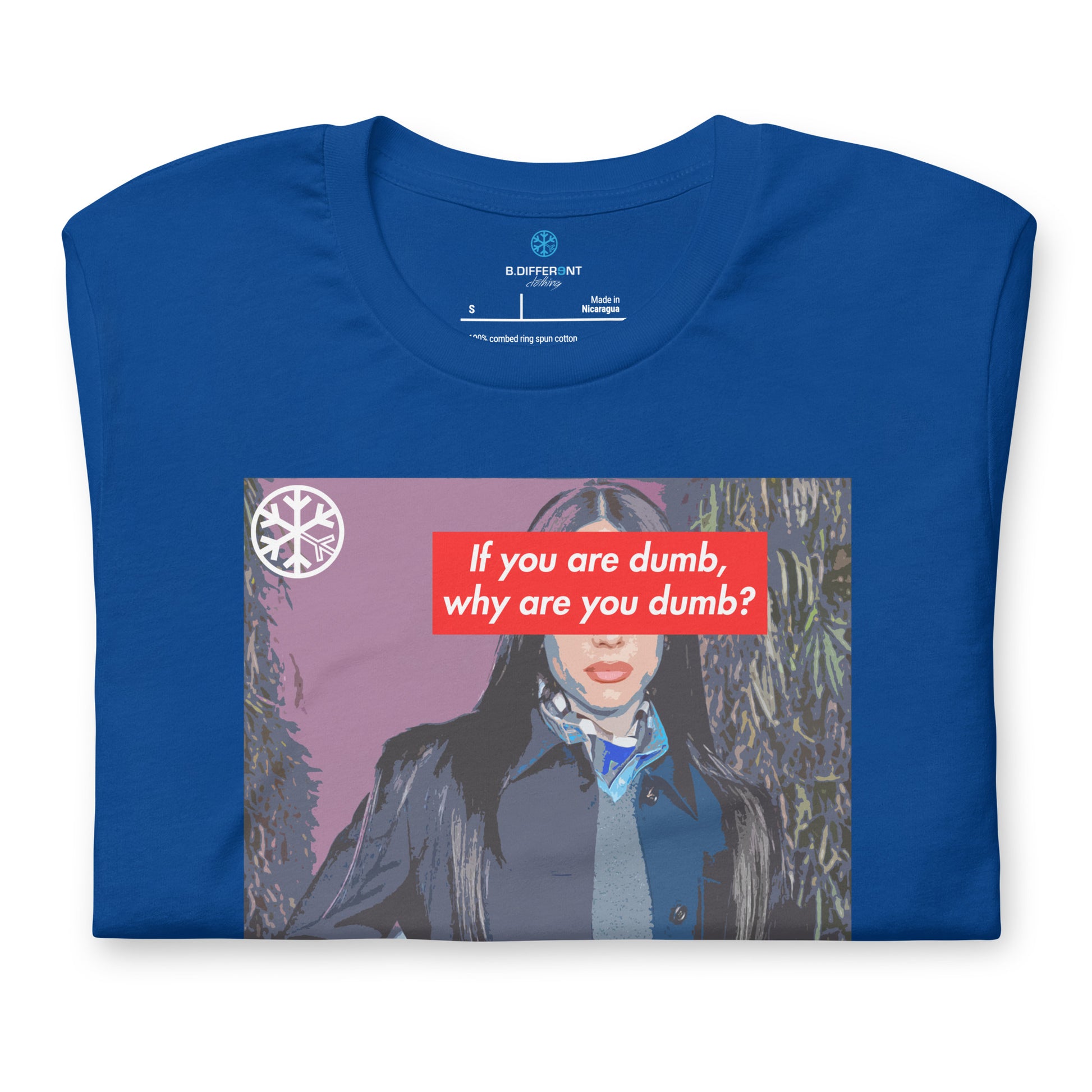 Blue-Why Are You Dumb Tee from B.Different Clothing, folded, graffiti-inspired streetwear t-shirt