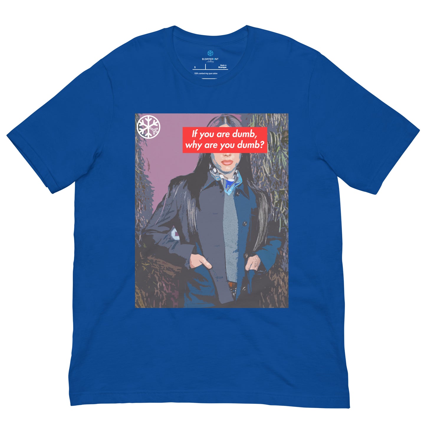 Blue-Why Are You Dumb Tee from B.Different Clothing, front view, graffiti-inspired streetwear t-shirt