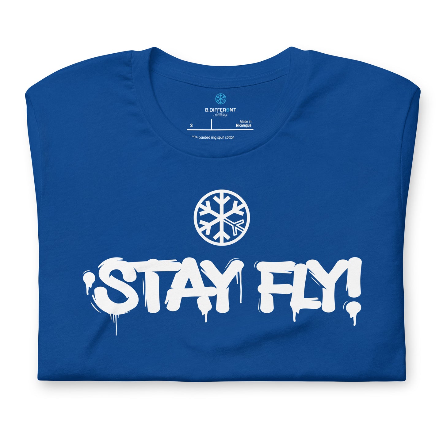 Blue-Stay Fly Graffiti Tag Tee from B.Different Clothing, folded, graffiti-inspired streetwear t-shirt