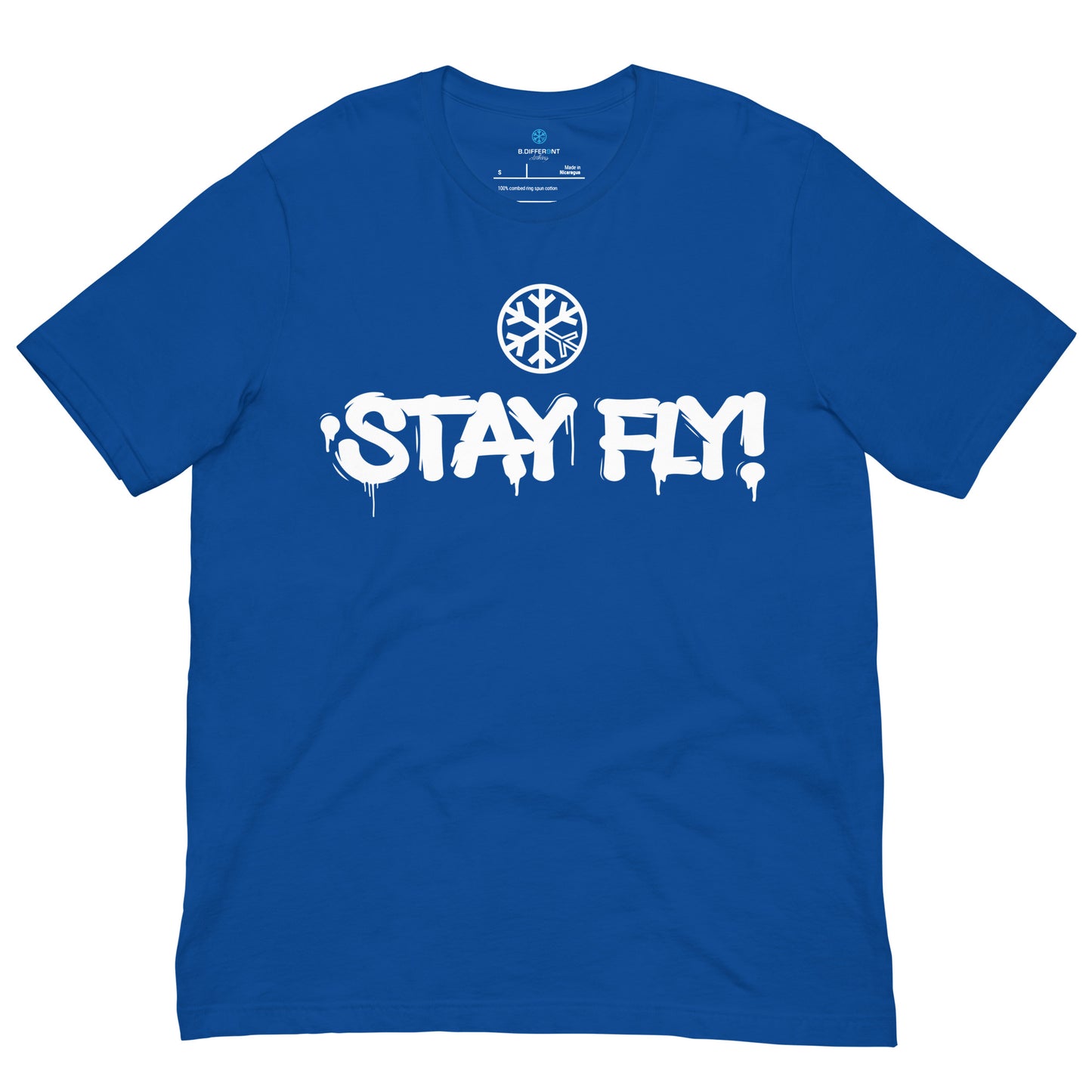 Blue-Stay Fly Graffiti Tag Tee from B.Different Clothing, front view, graffiti-inspired streetwear t-shirt