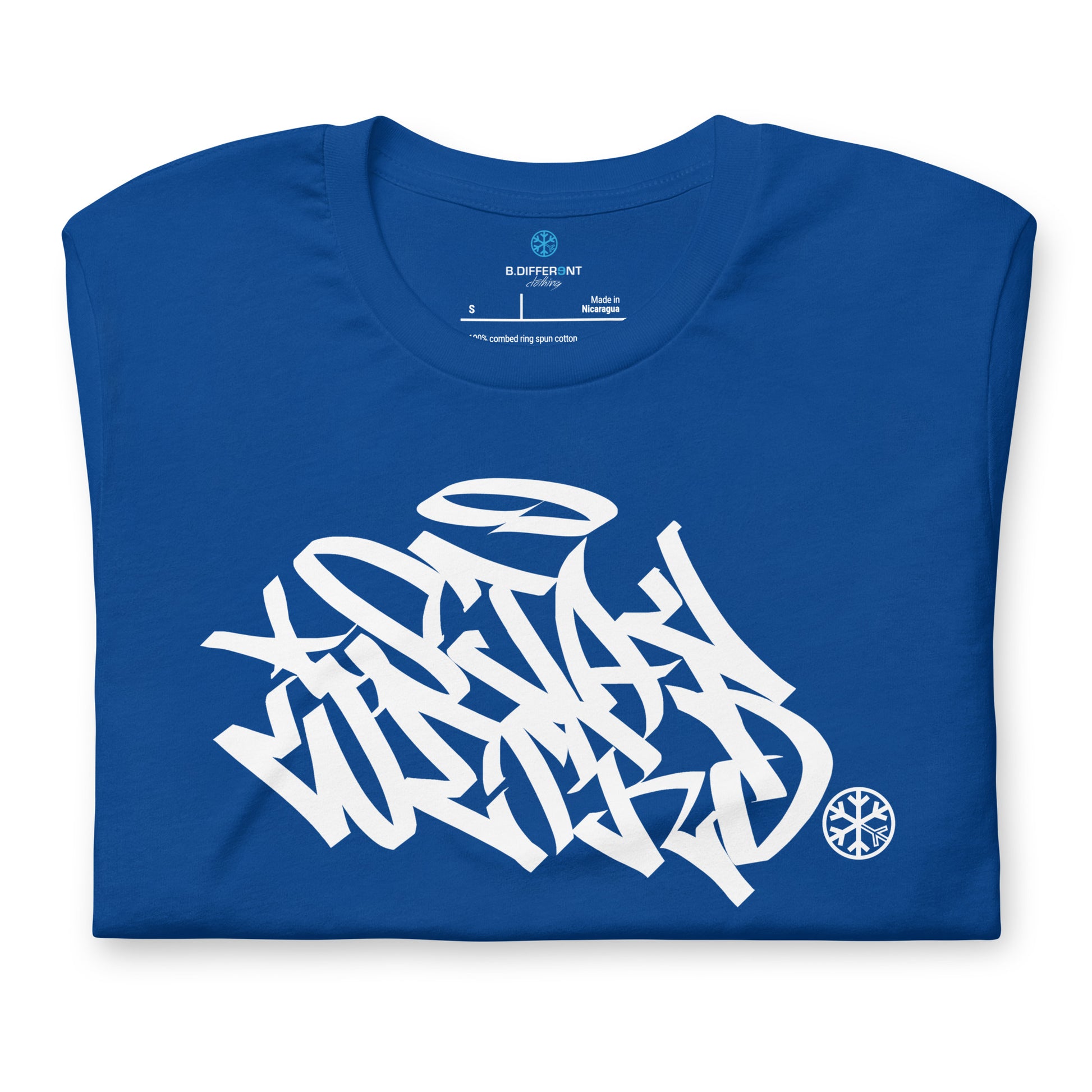 Blue-Stay Weird Graffiti Tag Tee from B.Different Clothing, folded, graffiti-inspired streetwear t-shirt