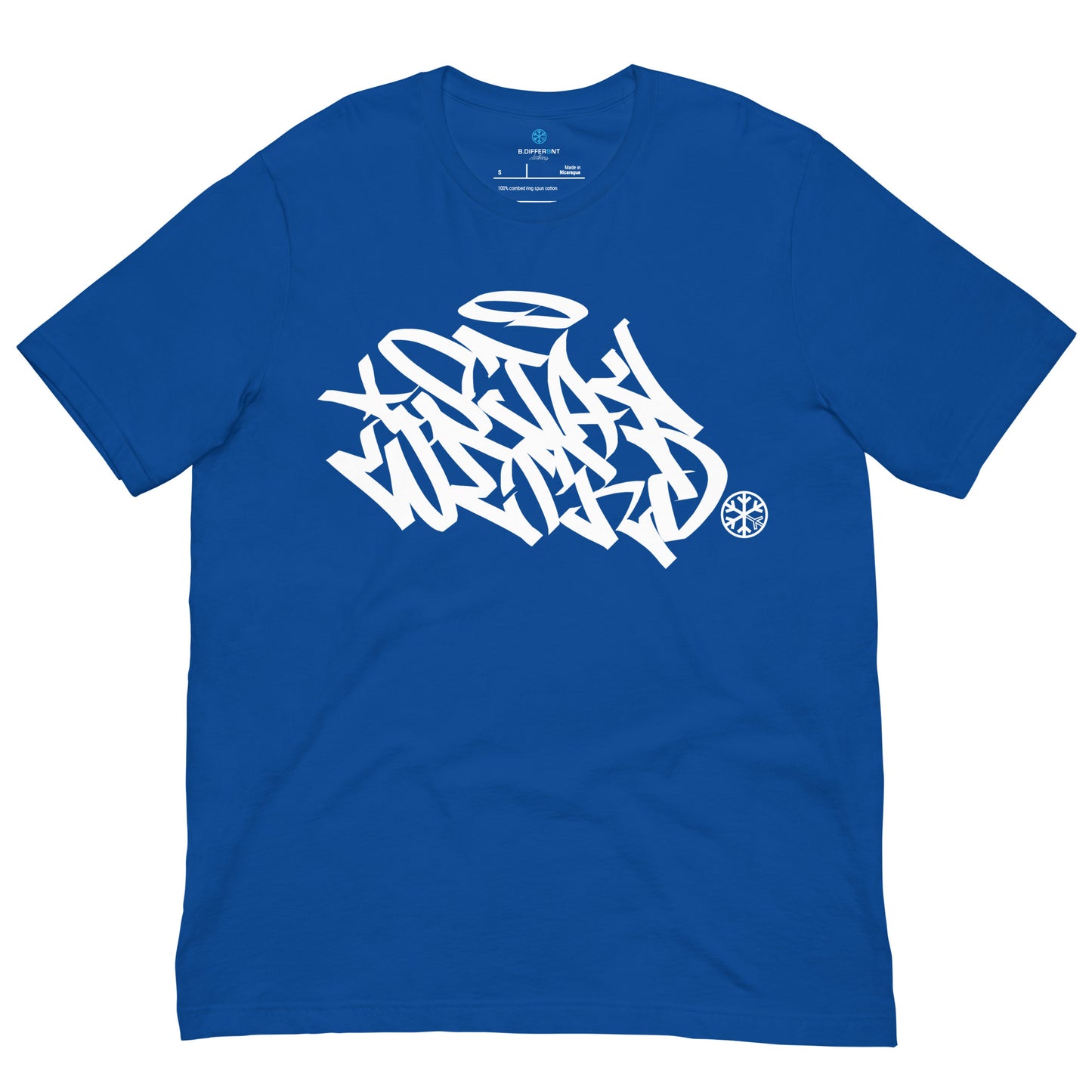 Blue-Stay Weird Graffiti Tag Tee from B.Different Clothing, front view, graffiti-inspired streetwear t-shirt