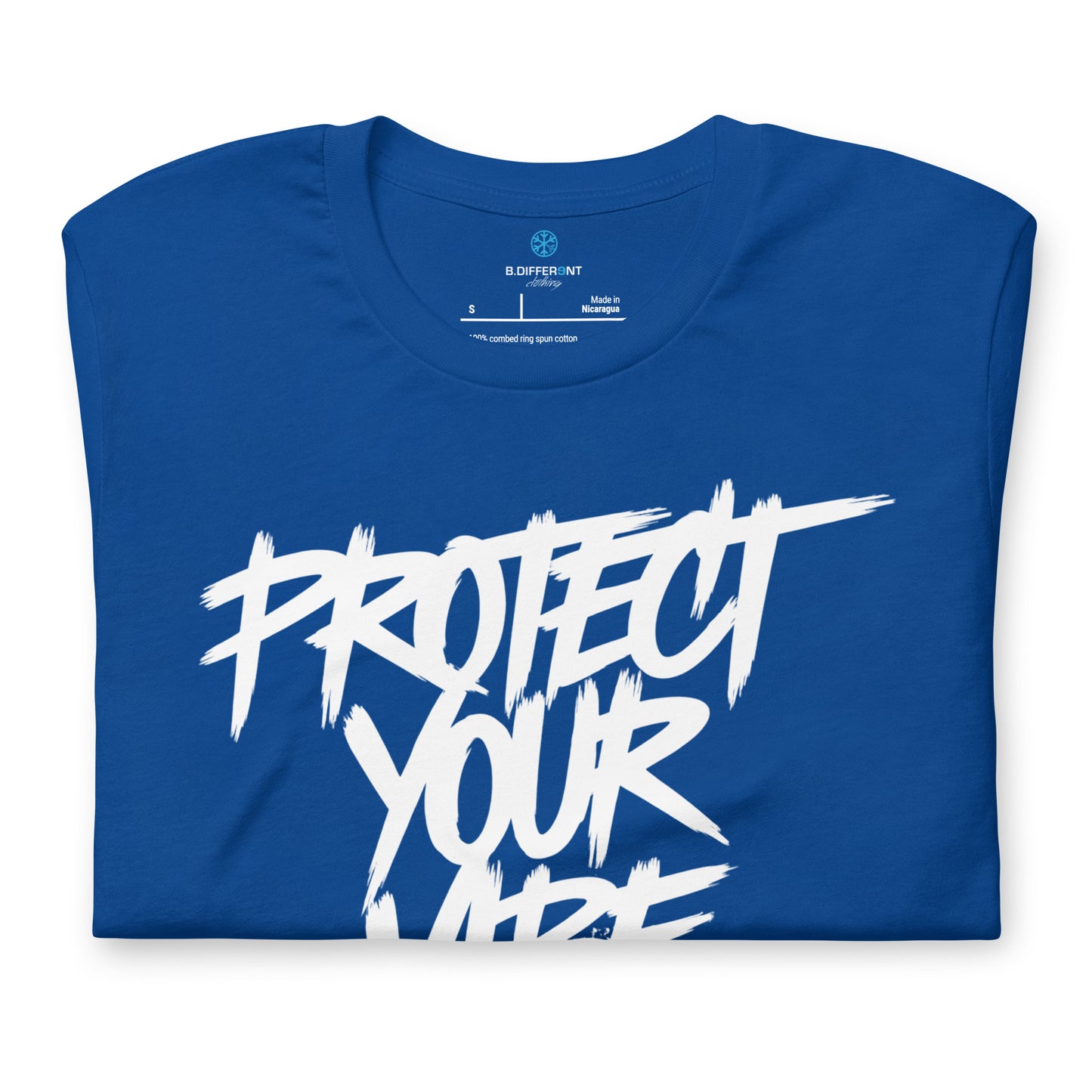 Blue-Protect Your Vibe Graffiti Tag Tee from B.Different Clothing, folded, graffiti-inspired streetwear t-shirt