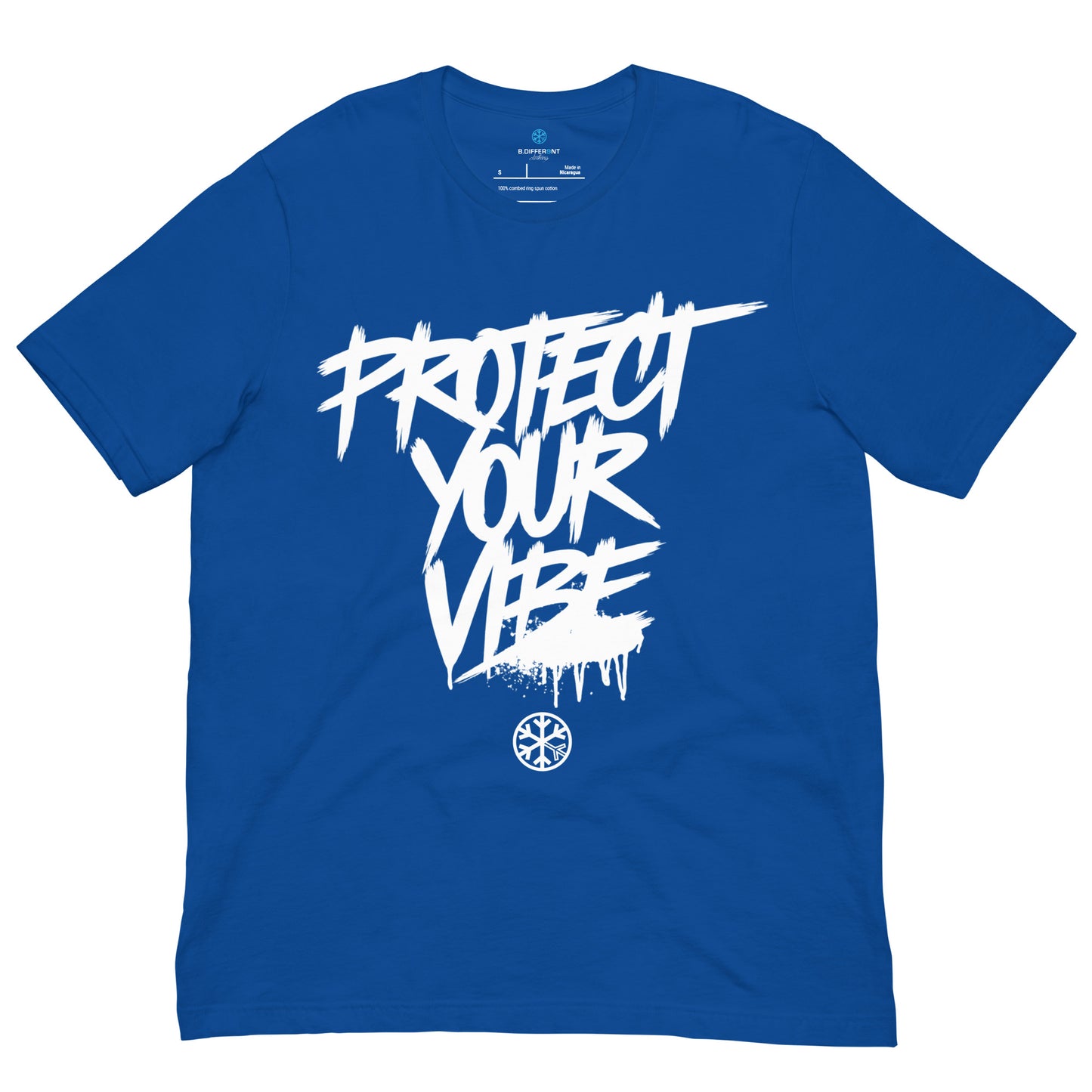 Blue-Protect Your Vibe Graffiti Tag Tee from B.Different Clothing, front view, graffiti-inspired streetwear t-shirt